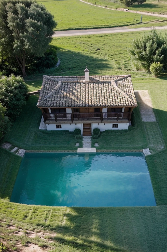 Design a chalet with a plot, con piscina, There is also a cobblestone path to the pool. Hay rosaleda a su alrededor.  The field is grass 