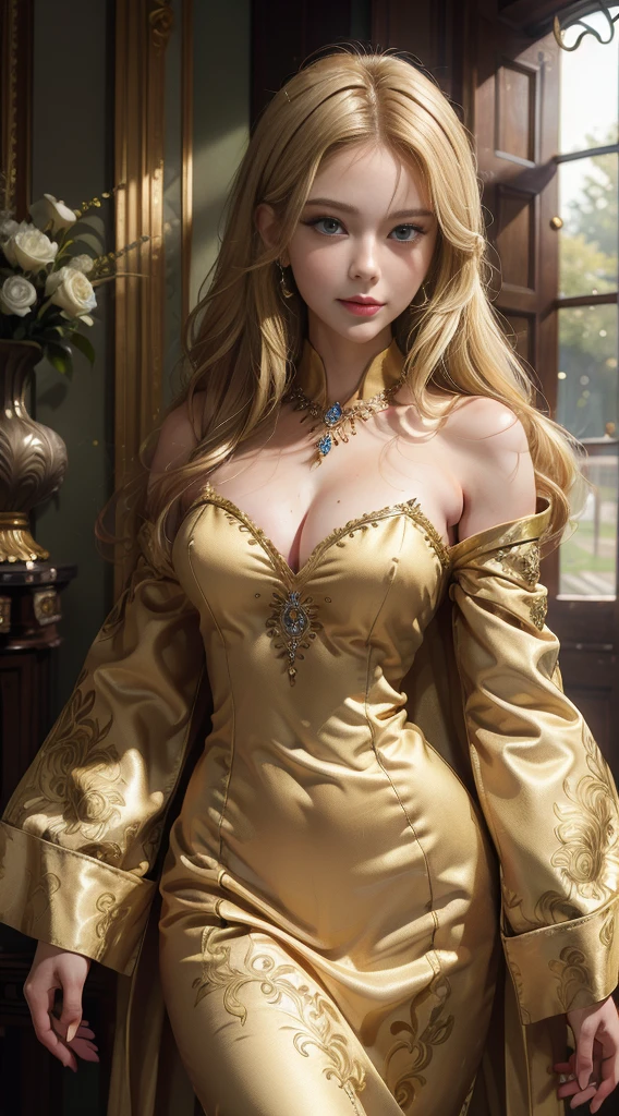 best quality, highly detailed, ultra-detailed, illustration, masterpiece,extremely detailed eyes and face, incredibly_absurd resolution, (blonde hair) , 1girl, wearing a meticulously crafted and luxurious gown showcasing intricate details, exquisite tailoring, and opulent fabrics, slim waist, light smile, whole body, facing towards the viewers, dynamic pose