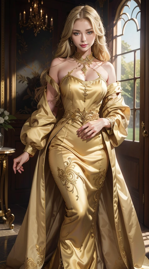 best quality, highly detailed, ultra-detailed, illustration, masterpiece,extremely detailed eyes and face, incredibly_absurd resolution, (blonde hair) , 1girl, wearing a meticulously crafted and luxurious gown showcasing intricate details, exquisite tailoring, and opulent fabrics, slim waist, light smile, whole body, facing towards the viewers, dynamic pose