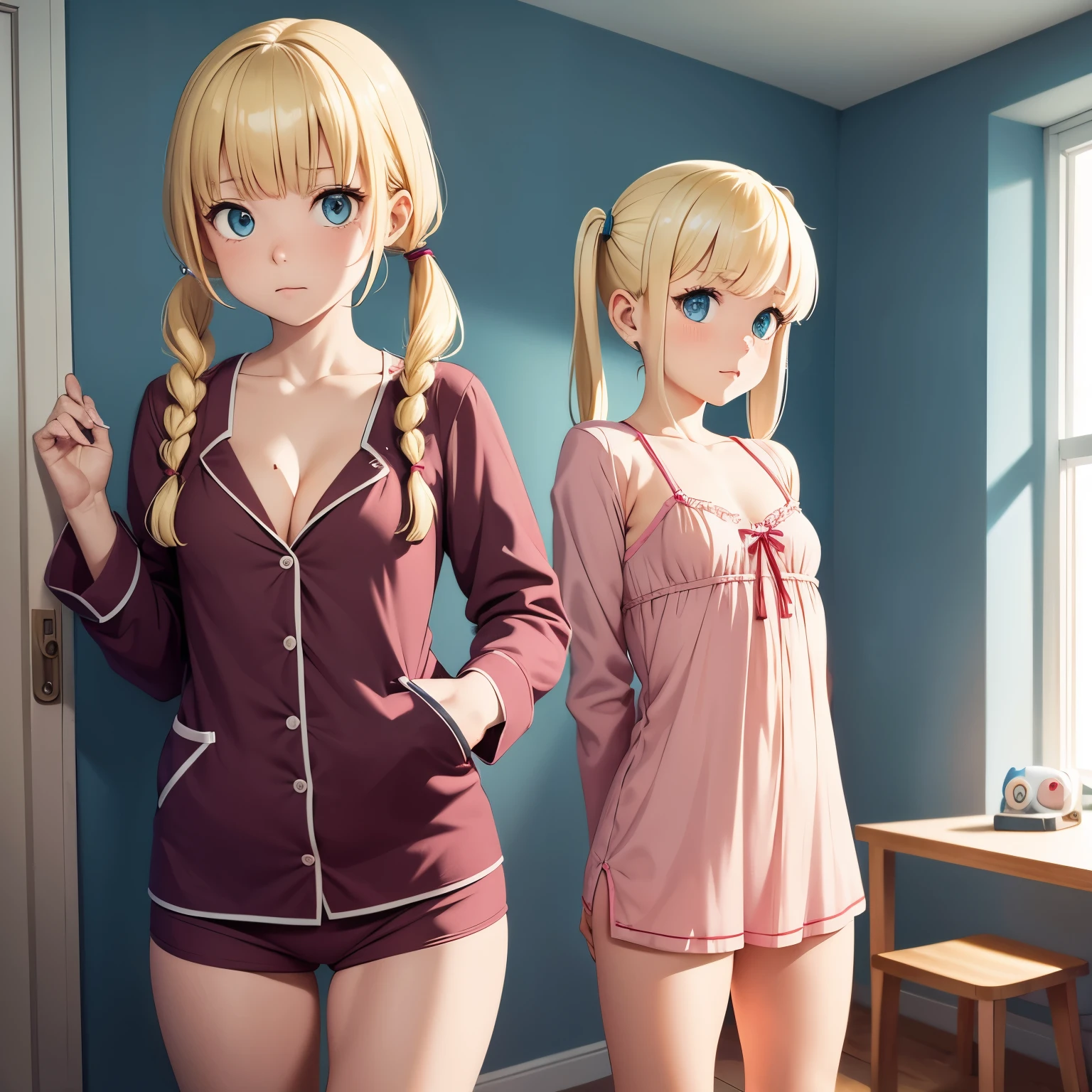 young nordic girl, bangs, pigtails, blonde hair, small body, tiny breasts, straight breasts, flat breasts, man breasts, thin legs, skinny legs, separated thighs, short tight pajamas, cleavage, children's room, cinematic lighting