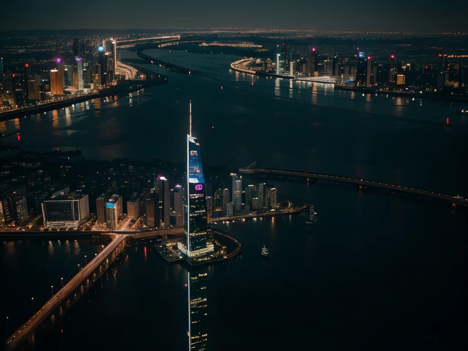 City, tall building, bird view, future, neon light, night time, high details