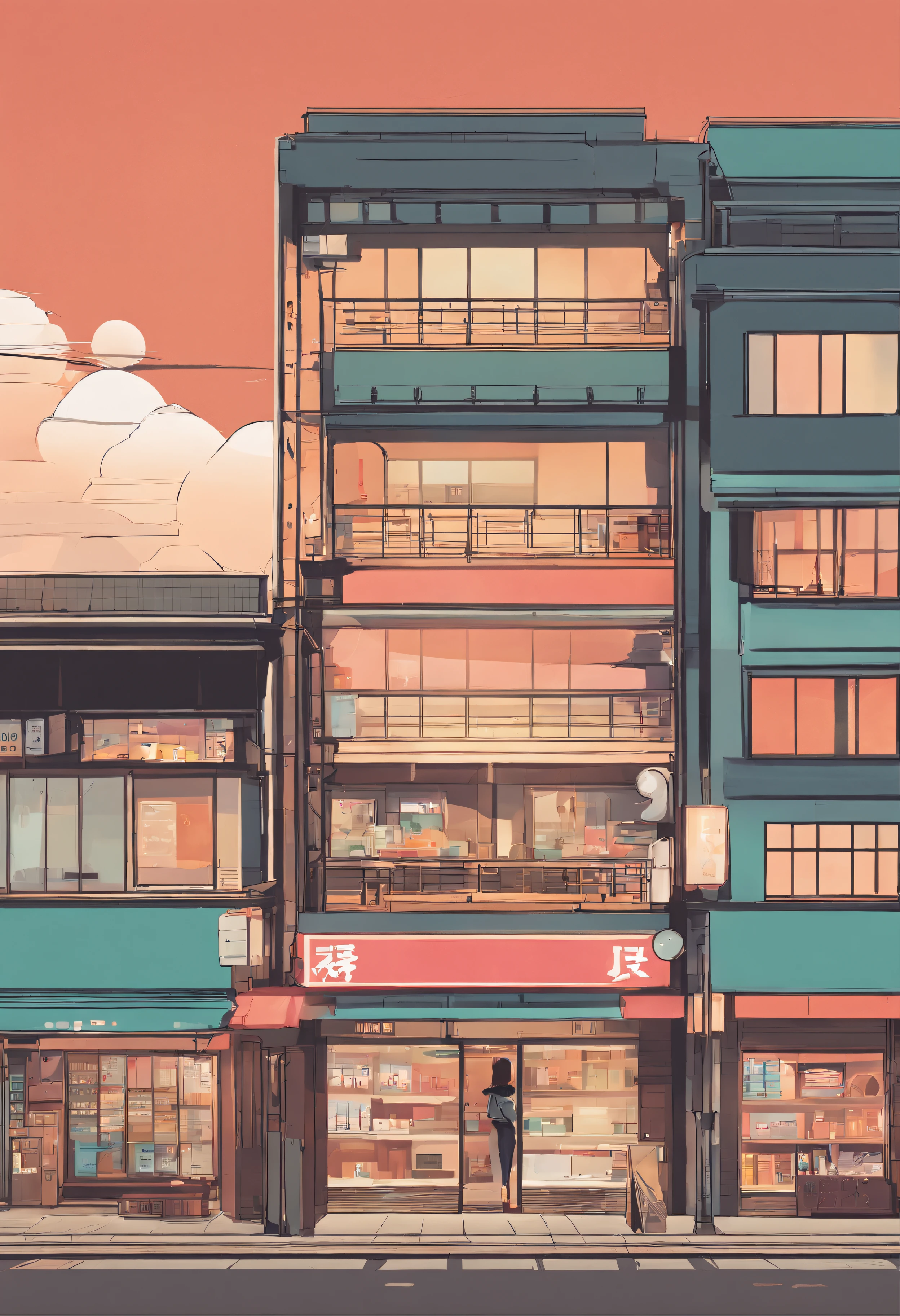 Anime - style painting of a man standing in front of a store, Tokyo Anime Scene, japanese street, Anime Background Art, japanese downtown, detailed scenery —width 672, anime style cityscape, japanese city, anime scenery concept art, Tokyo street background, realistic anime 3 d style, in the style of makoto shinkai, Tokyo - esque town, lofi artstyle,This design is、Shows the perfect blend of retro aesthetics and modern digital art, A visually appealing and captivating work that celebrates the beauty of Japan, Design, Vector art, Digital Painting, and Adobe Illustrator. Creating.