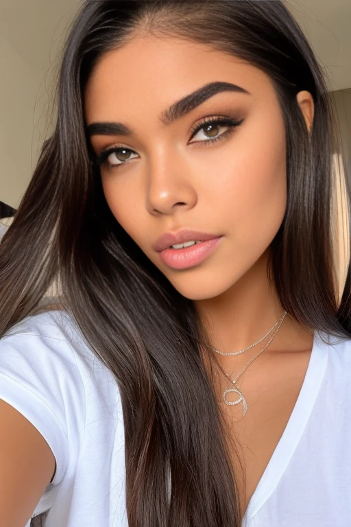 madison beer linda de guerra, meio, corpo inteiro, olhos detalhados, alto detalhe, cabelos longos e detalhados uma jovem sedutora de cabelos pretos, labios uma mulher sedutora de pele parda, labios macios olhar foerte e sexy a aparencia . Retrato de uma jovem com longos cabelos pretos e olhos prateados brilhantes, pele tonificada profunda, maquiagem preta nos olhos que se parece com asas, silver line on lower lip