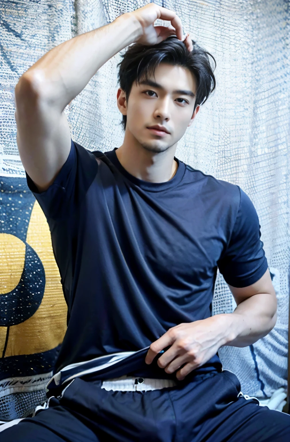 1 handsome Japanese guy，28 years old，一个穿着blue衬衫和短裤的男人, navy blue, navy blue, Sports T-shirt, blue, Sportswear, 富丽堂皇的深blue衣服,, short sleeves, 金锦深blue衣服, Tennis wear, Wearing a track suit, 深blue装饰服装，Masculine，Masculine痞帅，High，Muscles look good，hairy body，Wheat complexion，black eyes（thin eyes 1：3），Full body image