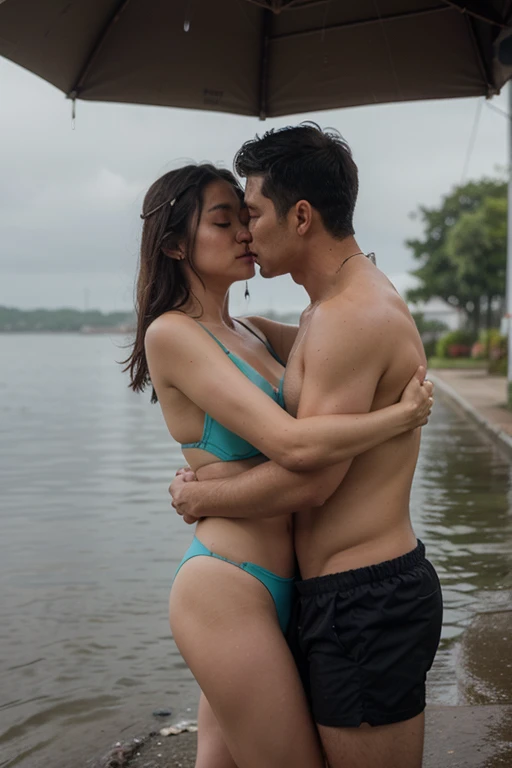"Thai men and women wearing light swimsuits sit hugging and kissing by the sea, heavy rain in the morning, realistic 3D oil paintings."