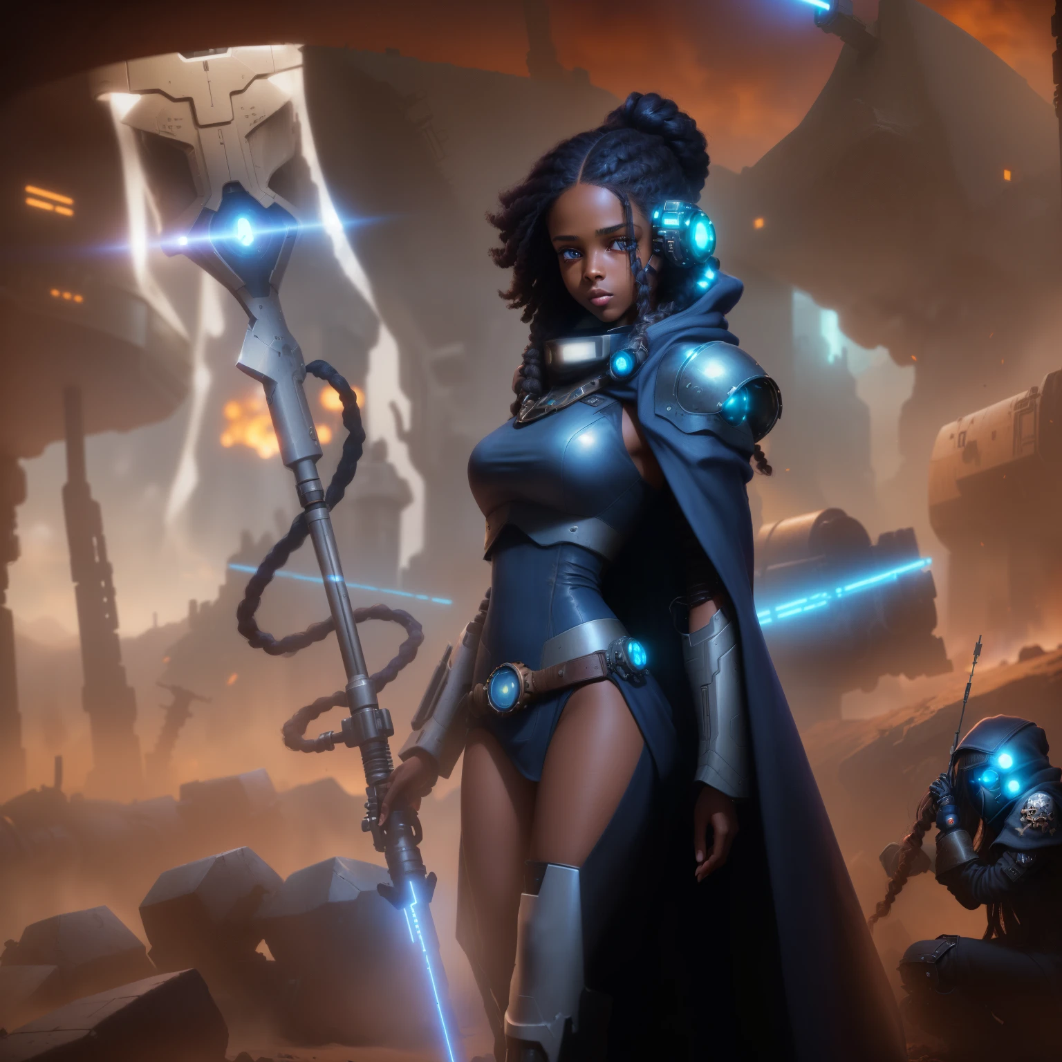 (1girl, alternate hair color absurdly long hair french braid, blue eyes, , sigh, Black hair, Brown girl, Black girl, fine nose) (digital) ( in detailed wasteland, (skull, tube, science fiction, extra arms, hood, robe, glowing eyes, mechanical arms, steampunk, armor)) , best quality, techpriest 