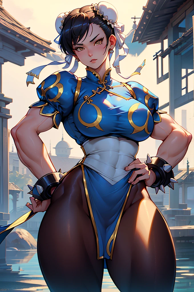 chun li , 1 girl, black hair, yellow eyes, very long hair, pale skin, curvy, (extremely muscular), perky breasts, frozen lake, belo rosto detalhado, belos olhos, belas coxas, coxas lindas olhos de gato amarelo