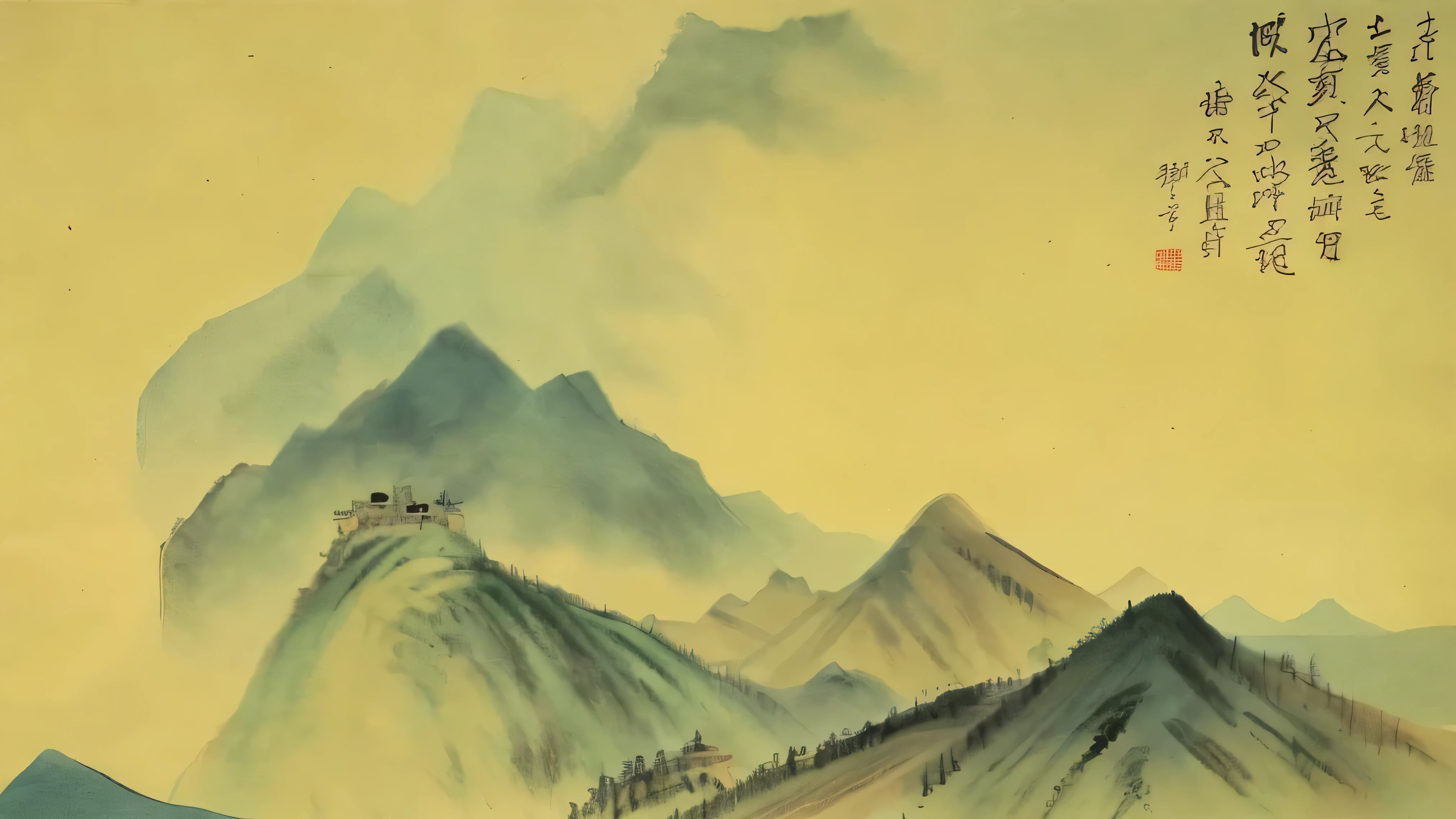 Close-up of mountains with sky as background, Chinese scenery,,song, author:Wang Ximeng, Chinese style painting, Chinese Arting Dynasty, Inspired by Ma Lin