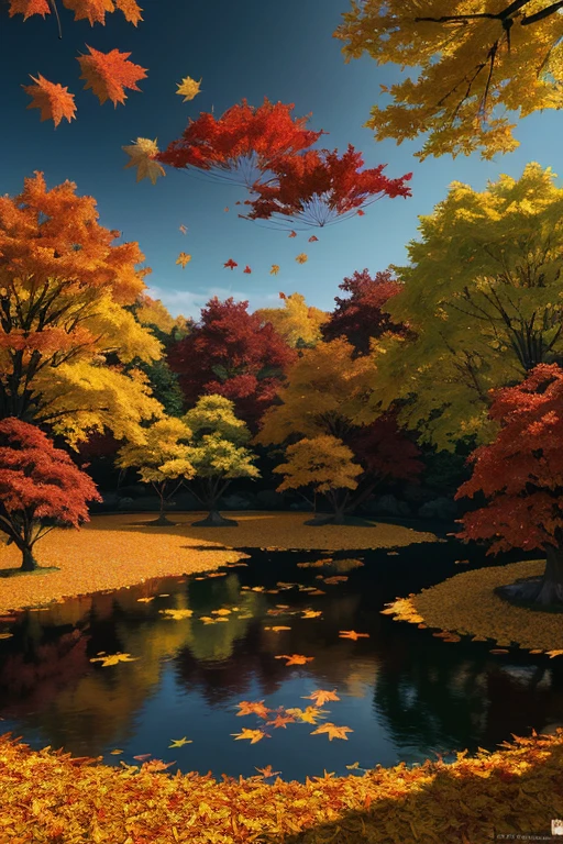 dynamic illustration of Autumn Leaves Falling, leaves floating in the air, forest, octane render, enhance, intricate, (best quality, masterpiece, Representative work, official art, Professional, unity 8k wallpaper), by Yoshitomo Nara