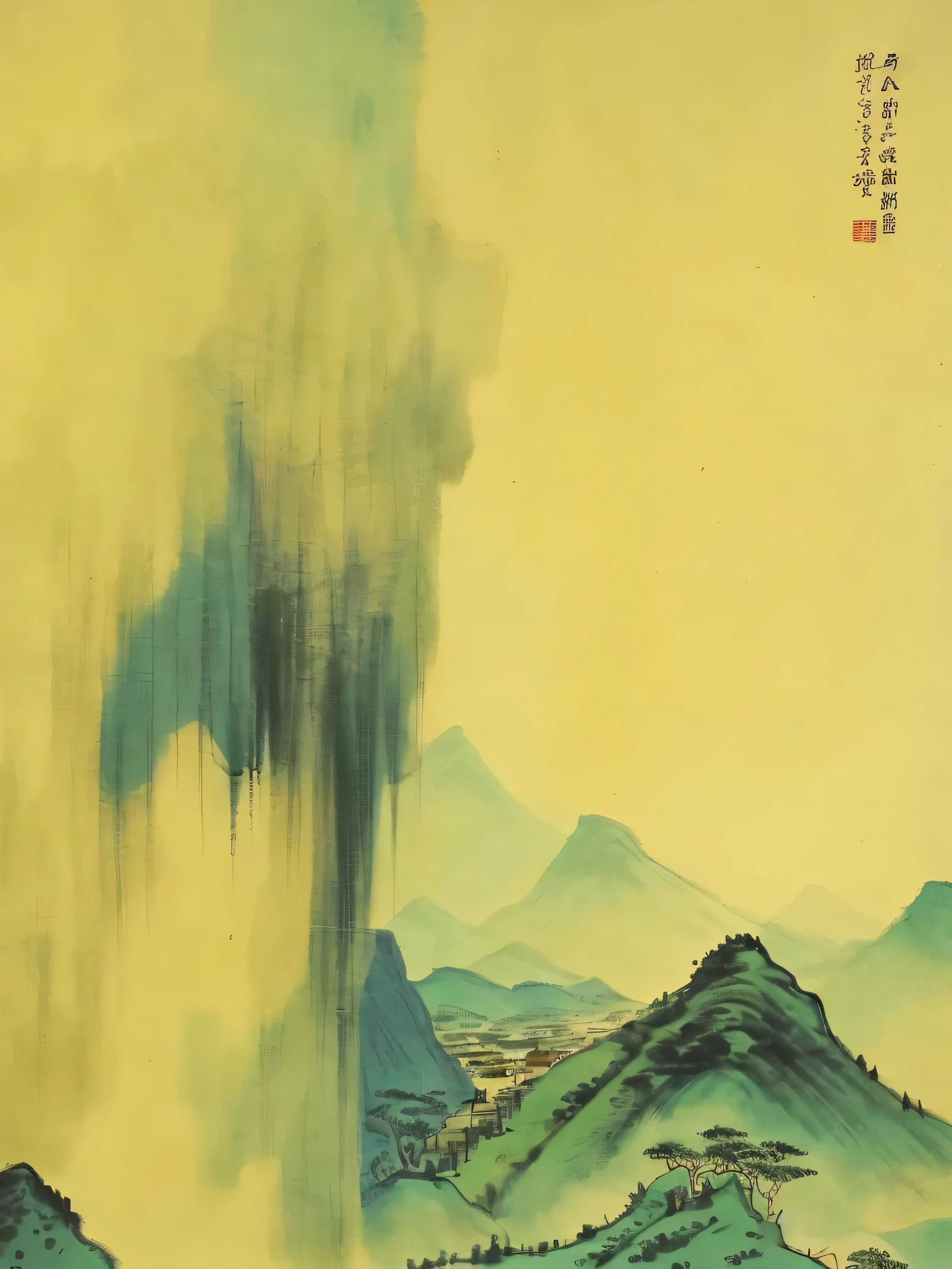 Close-up of mountains with sky as background, Chinese scenery,,song, author:Wang Ximeng, Chinese style painting, Chinese Arting Dynasty, Inspired by Ma Lin