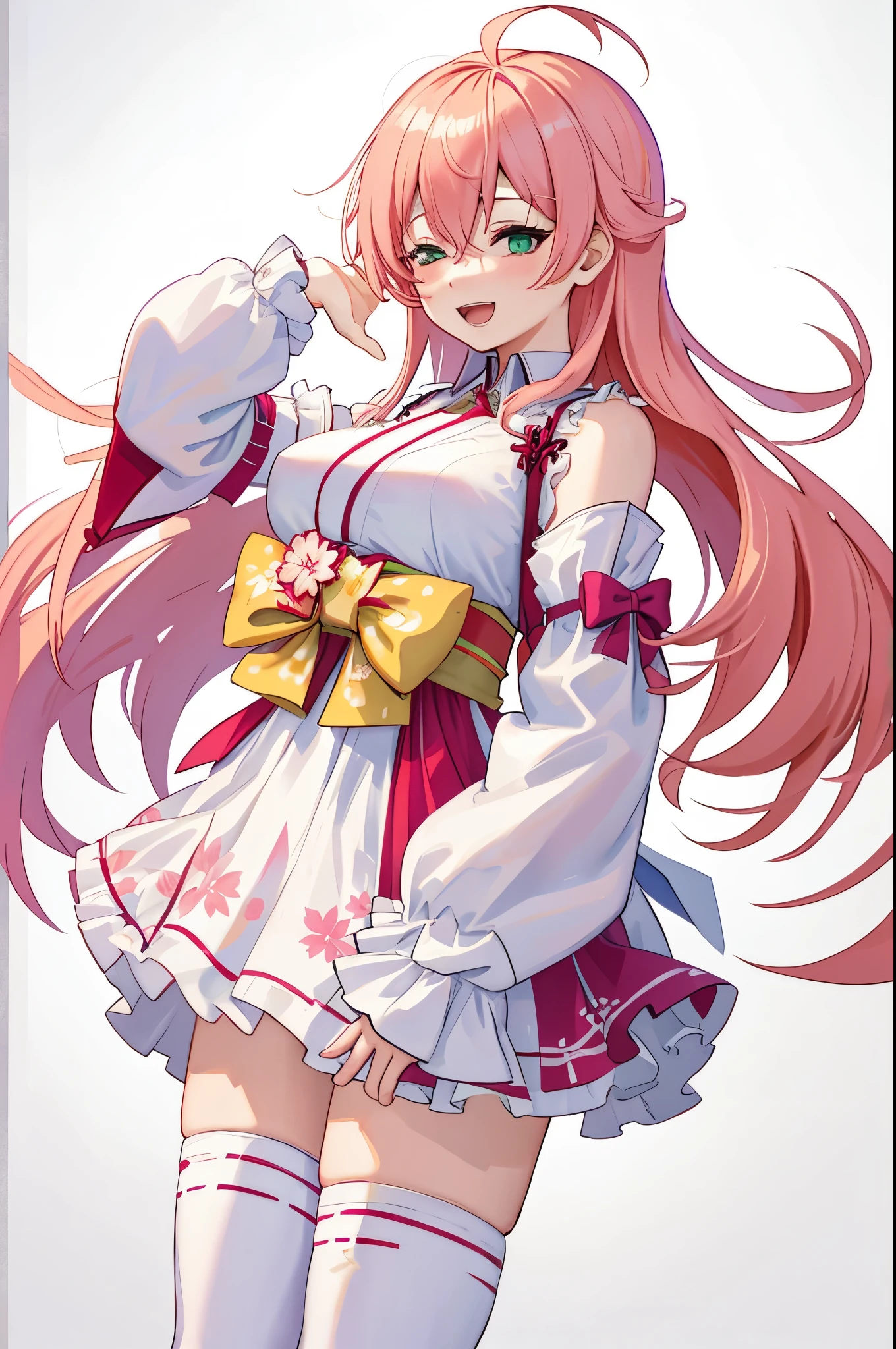 masterpiece, best quality, highres, miko1, sakura_miko, 1girl, green eyes, solo, ahoge, x_hair_ornament, pink_hair, floral print, hairclip,side_less_clothes, (sideboobs:1.4), hair_bell, floral print, long_hair, hair between eyes, one side up, white thighhighs, asymmetrical legwear, wide sleeves, open_mouth,happy,close_eyes, smile,jumping,rising_leg,plump,apart_legs,(overly_long_sleeves:1.1),(beautiful_fingers),sleeves_past_wrists,hands_hidden_sleeves,Japanese_park_background,
