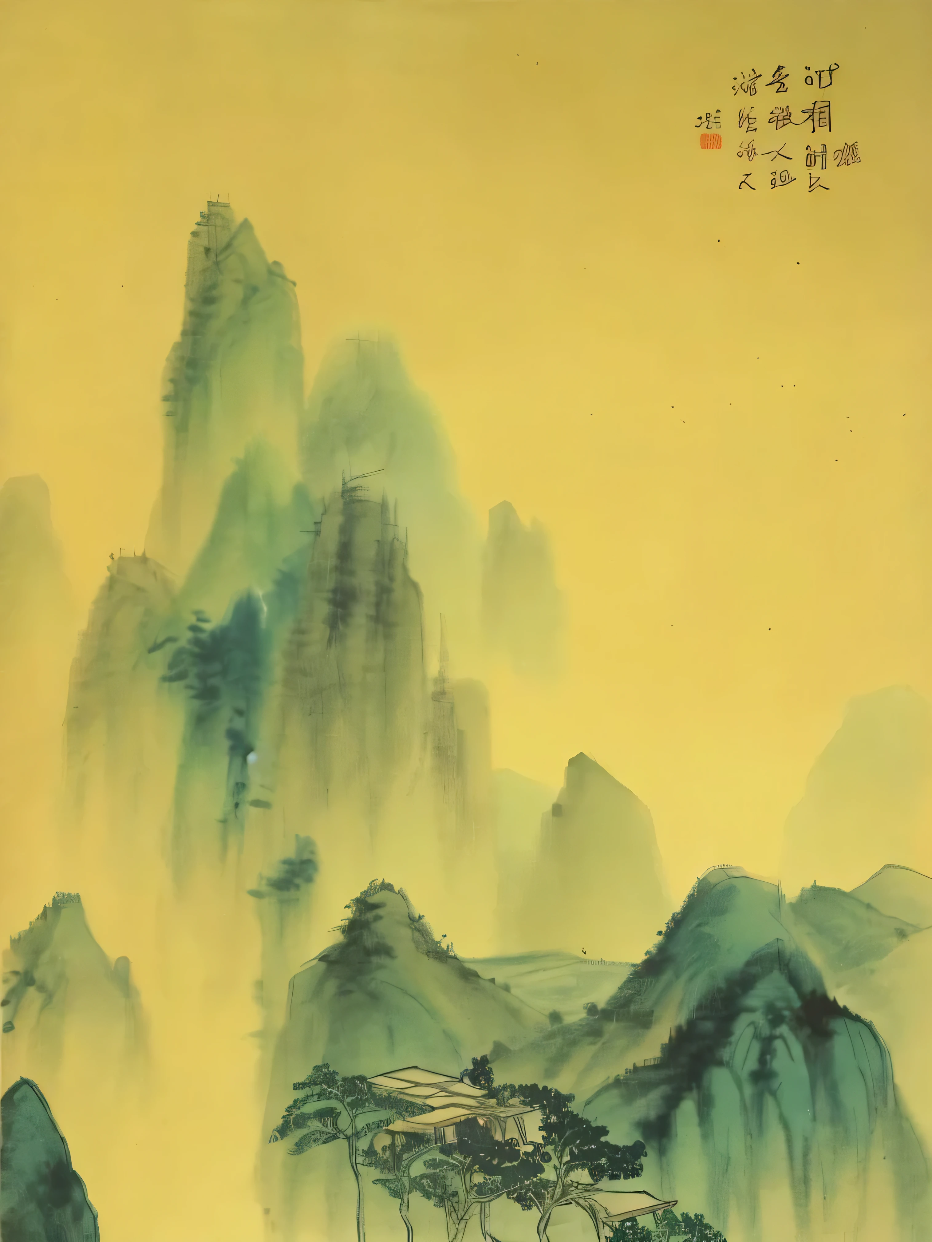 Close-up of mountains with sky as background, Chinese scenery,,song, author:Wang Ximeng, Chinese style painting, Chinese Arting Dynasty, Inspired by Ma Lin