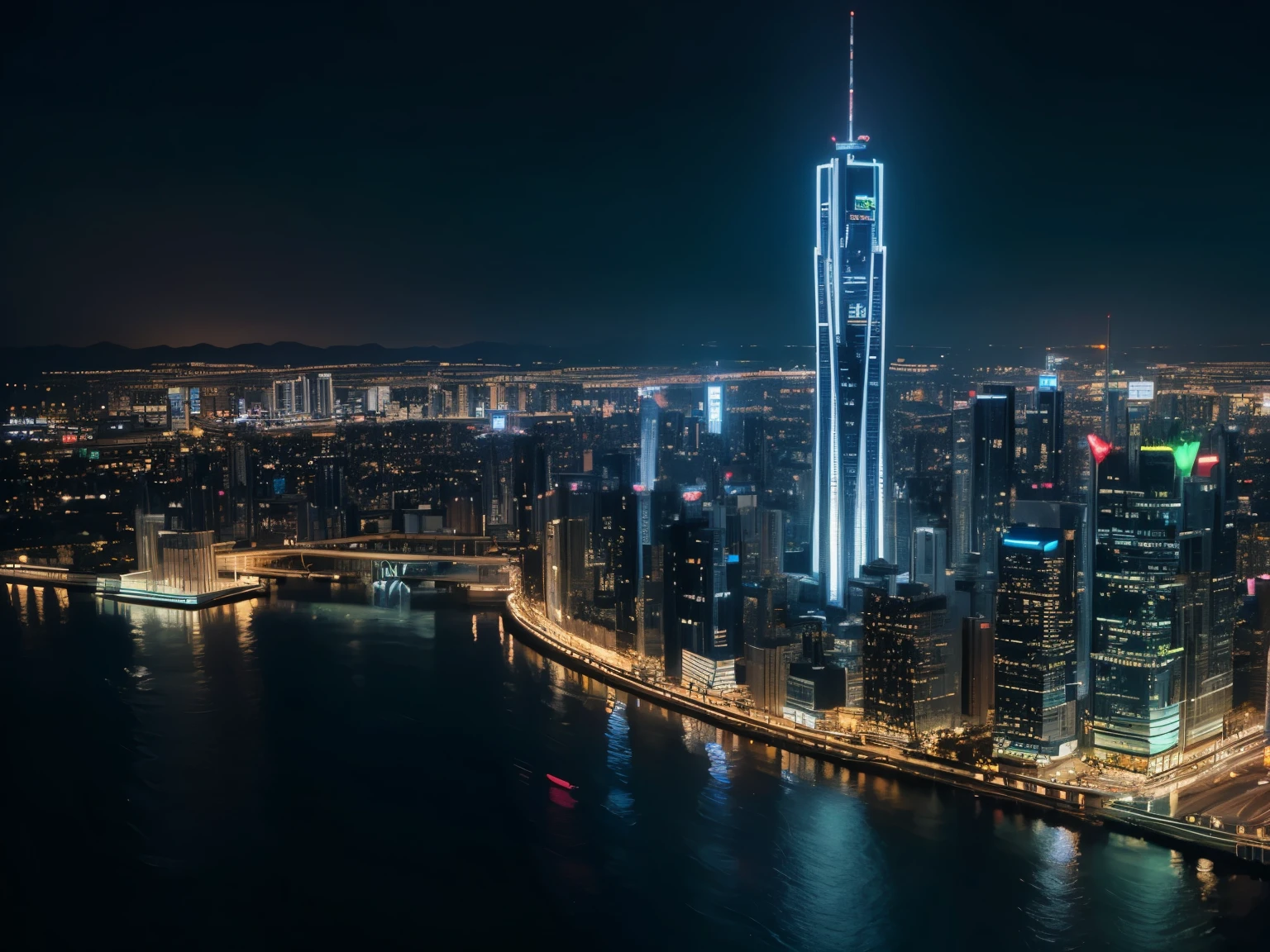 City, tall building, bird view, future, neon light, night time, high details