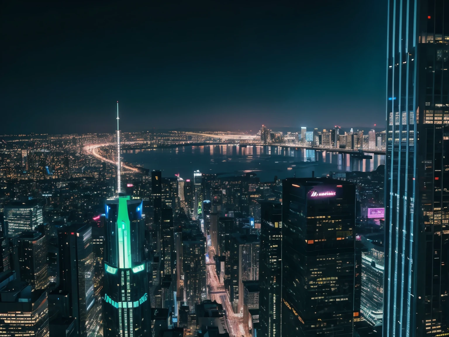City, tall building, bird view, future, neon light, night time, high details