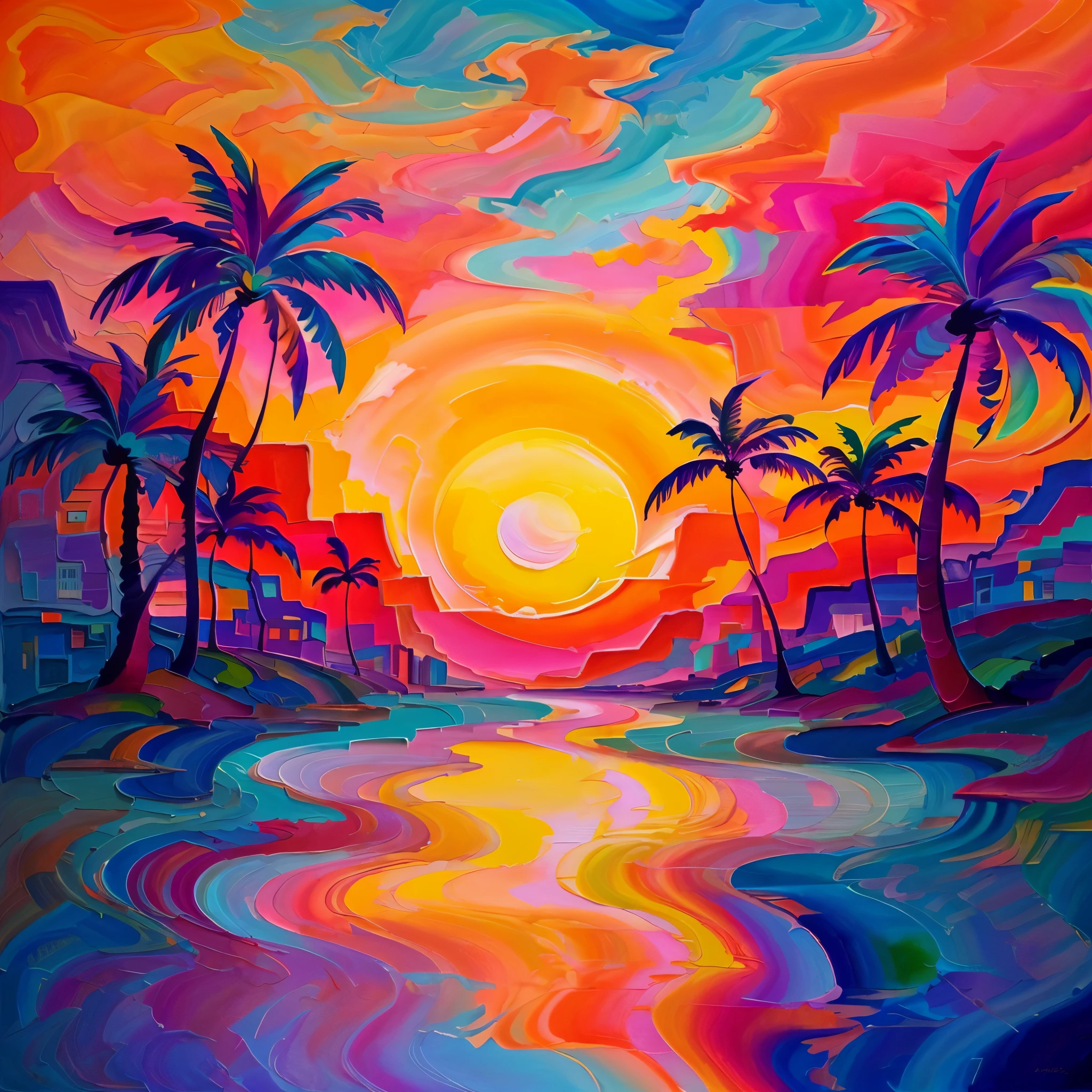 a painting of a sunset with palm trees and a body of water, beautiful art, an abstract landscape, jen bartel, stunning art style, vibrant digital painting, psychedelic sunset, vibrant gouache painting scenery, sunset illustration, kilian eng vibrant colors, kilian eng vibrant colors, vibrant sunset, colorful sunset,  psychedelic landscape, 8k stunning art