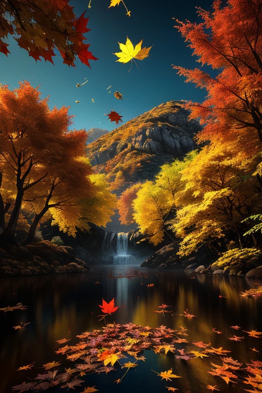dynamic illustration of Autumn Leaves Falling, red yellow maple leaves floating in the air, hill, by Max Rive and Ryan Dyar, octane render, kodak style, enhance, intricate, (best quality, masterpiece, Representative work, official art, Professional, unity 8k wallpaper)
