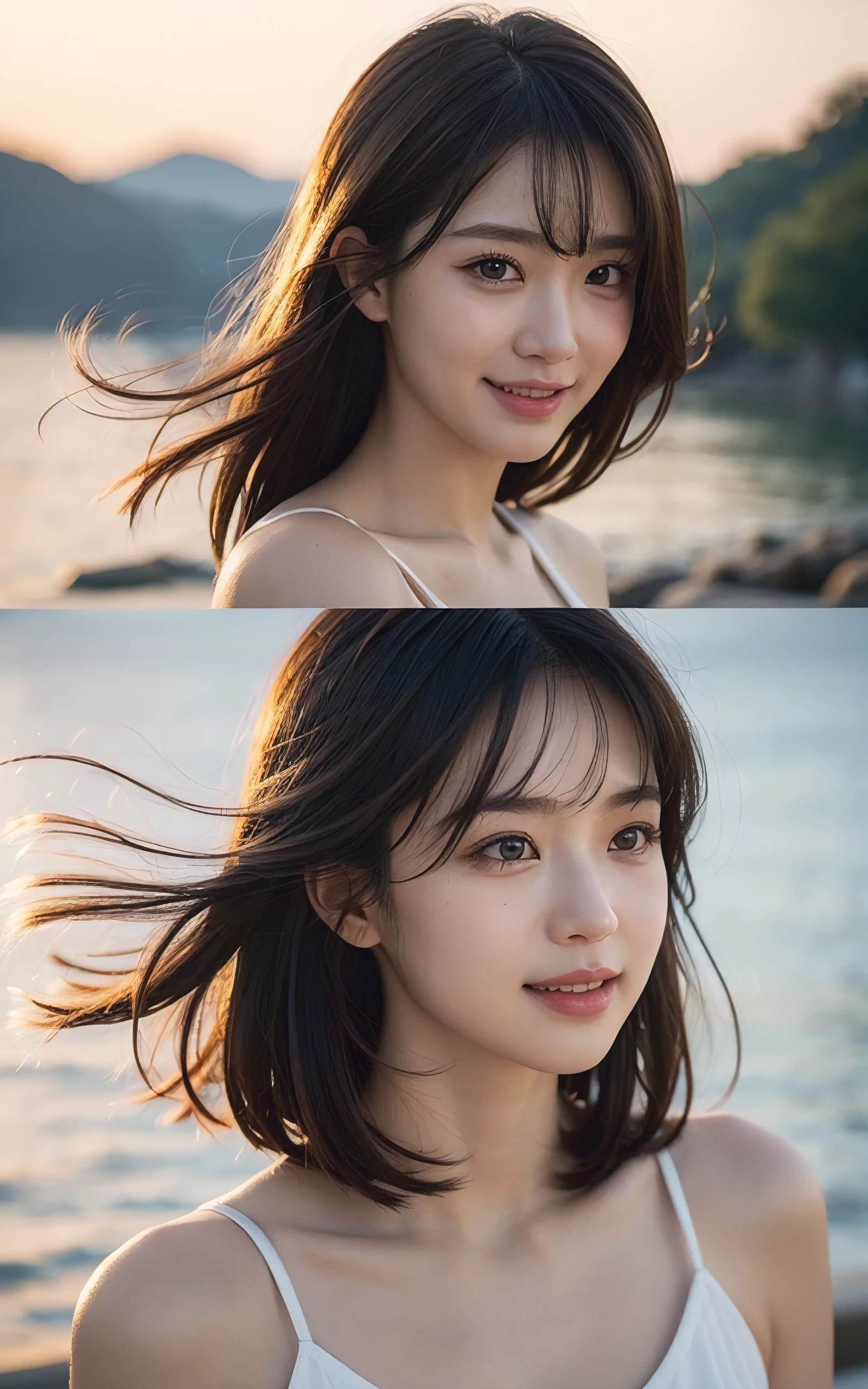 upper body shot、Front view、young beautiful japanese woman、gentle features、super cute face、glossy lips、double eyelids in both eyes、natural makeup, A smile that makes me cry, long eyelashes are bright, short bob and light brown hair、hair swaying in the wind, asymmetrical bangs、center image、8K、high definition、detailed hairstyle、detailed face、epic movie lighting、octane rendering、lively、surreal、perfect limbs、perfect anatomy, lakeside at dusk