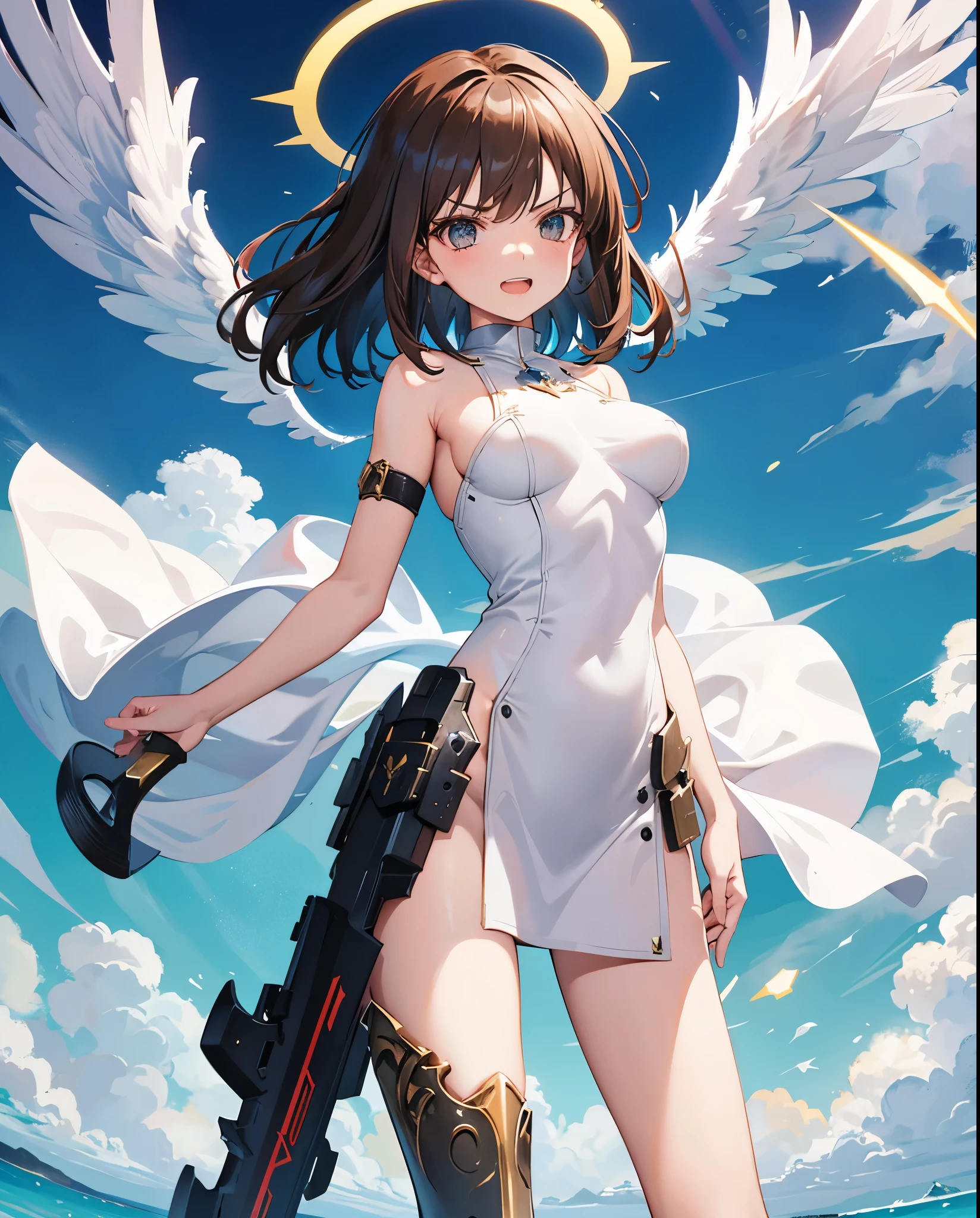 fantasy, 1angel_girl,child, ,brown_hair, medium_bob_hair, long_bangs, halo,bare_shoulder,thighhighs,silver_armor, waist_armor, large_breasts,angry,grinning,open_mouth_teeth, 1pair_wings, dynamic_pose_fighting,floating, bare_crotch, headgear,gauntlet, greaves,ocean_sky_background,slightly_spread_legs, solo, groin_naked,