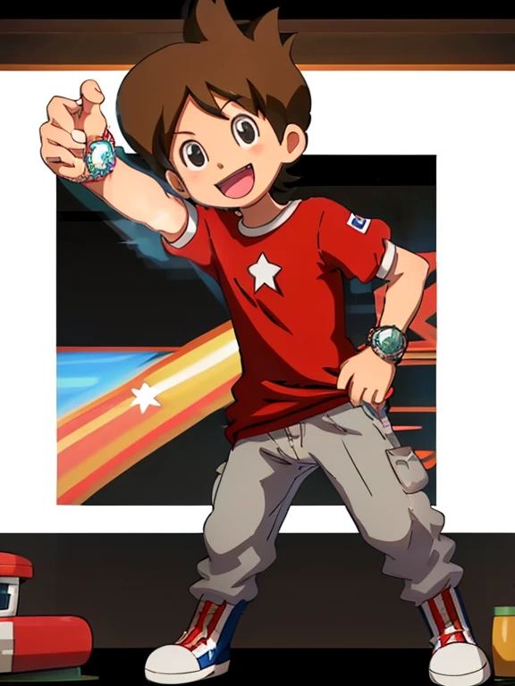 amanokeita, solo, looking at viewer, smile, open mouth, simple background, shirt, 1boy, white background, standing, full body, male focus, shoes,no pants,no underware, star (symbol), black eyes, t-shirt, red shirt, watch, wristwatch, penis