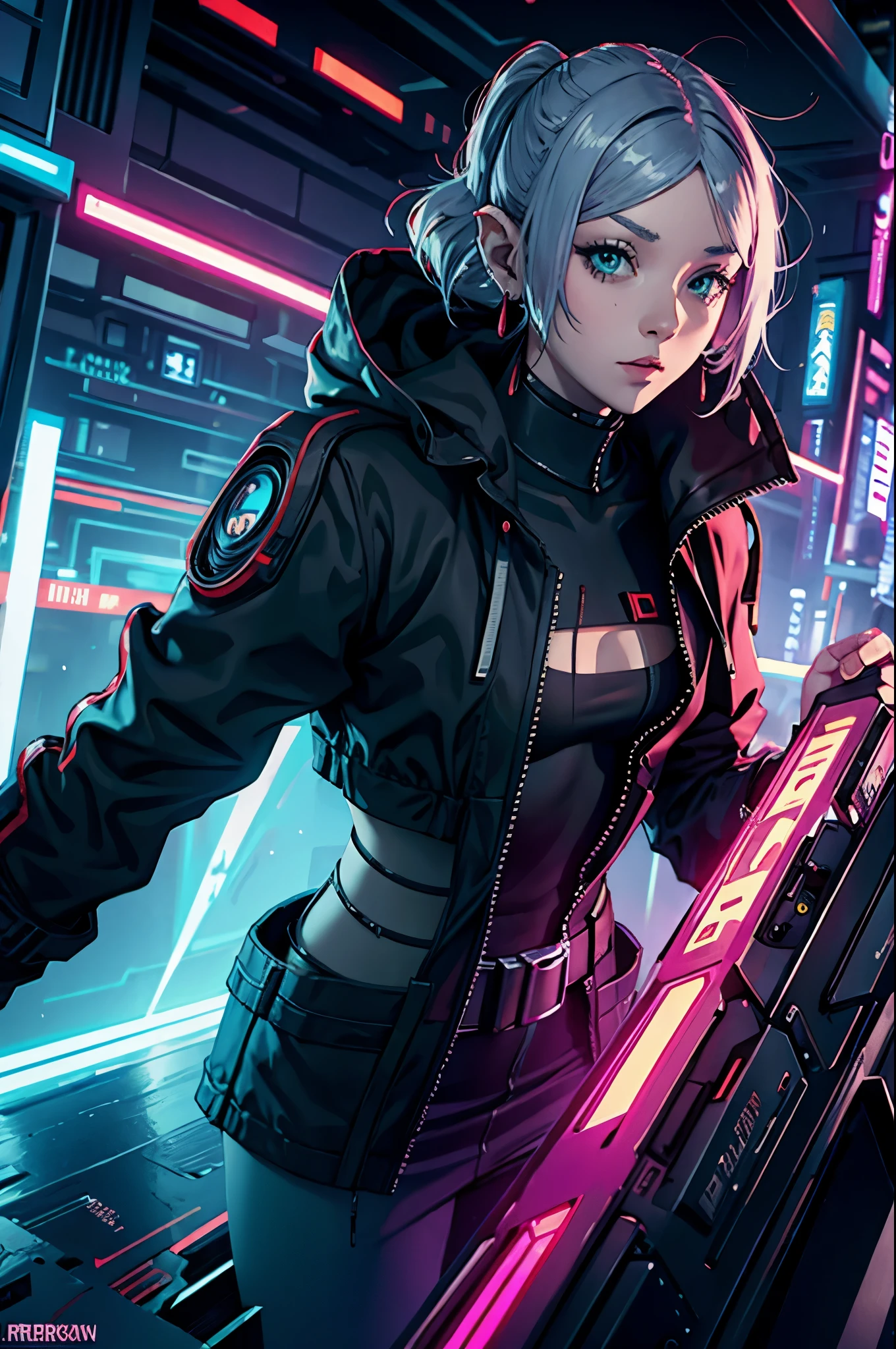 a woman wearing anime costume and holding a sword, in the style of cyberpunk imagery, distinctive noses, romanticized realism, animated gifs, realistic still lifes with dramatic lighting, neon realism, mechanical realism