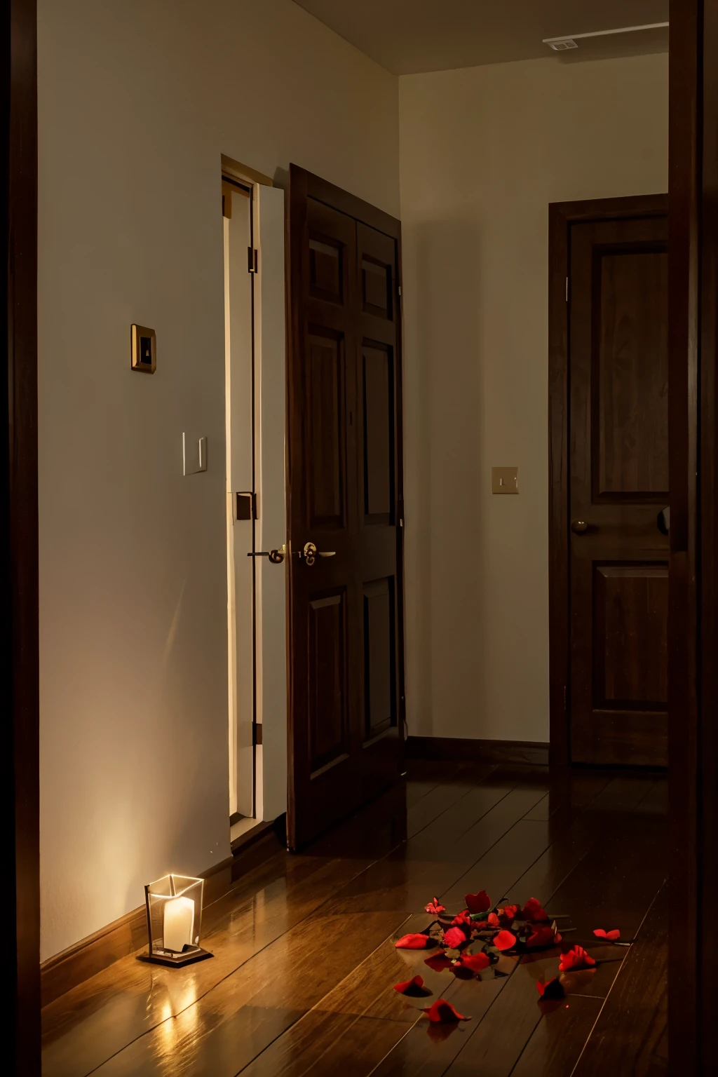 door ajar in an elegant setting, candlelight, red rose petals on the floor, a golden key left on top of a small chest of drawers. environment with warm colors, at night, soft lighting