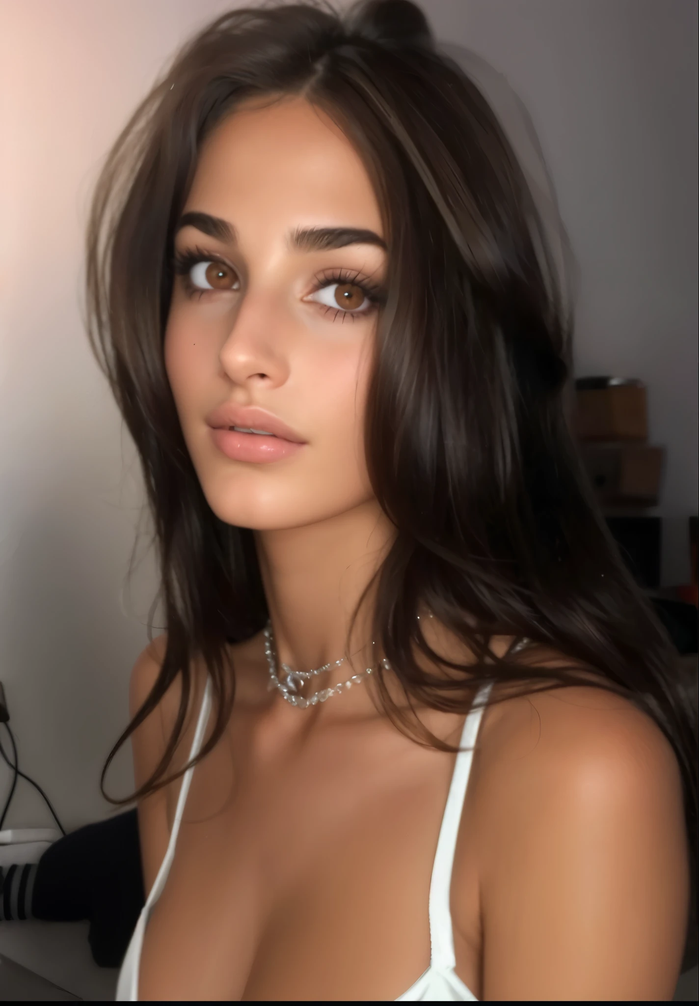 mulher arafed com longos cabelos escuros e um top branco, 18 anos de idade, portrait Emily Ratajkowski, rosto muito bonito, retrato de demi rose, modelo muito lindo, clear retrato de demi rose, flawless face, Rosto Extremamente Lindo, linda garota modelo, retrato de meia rosa, rosto lindo, linda jovem modelo, Emily Ratajkowski, Retrato de Sophie Mudd