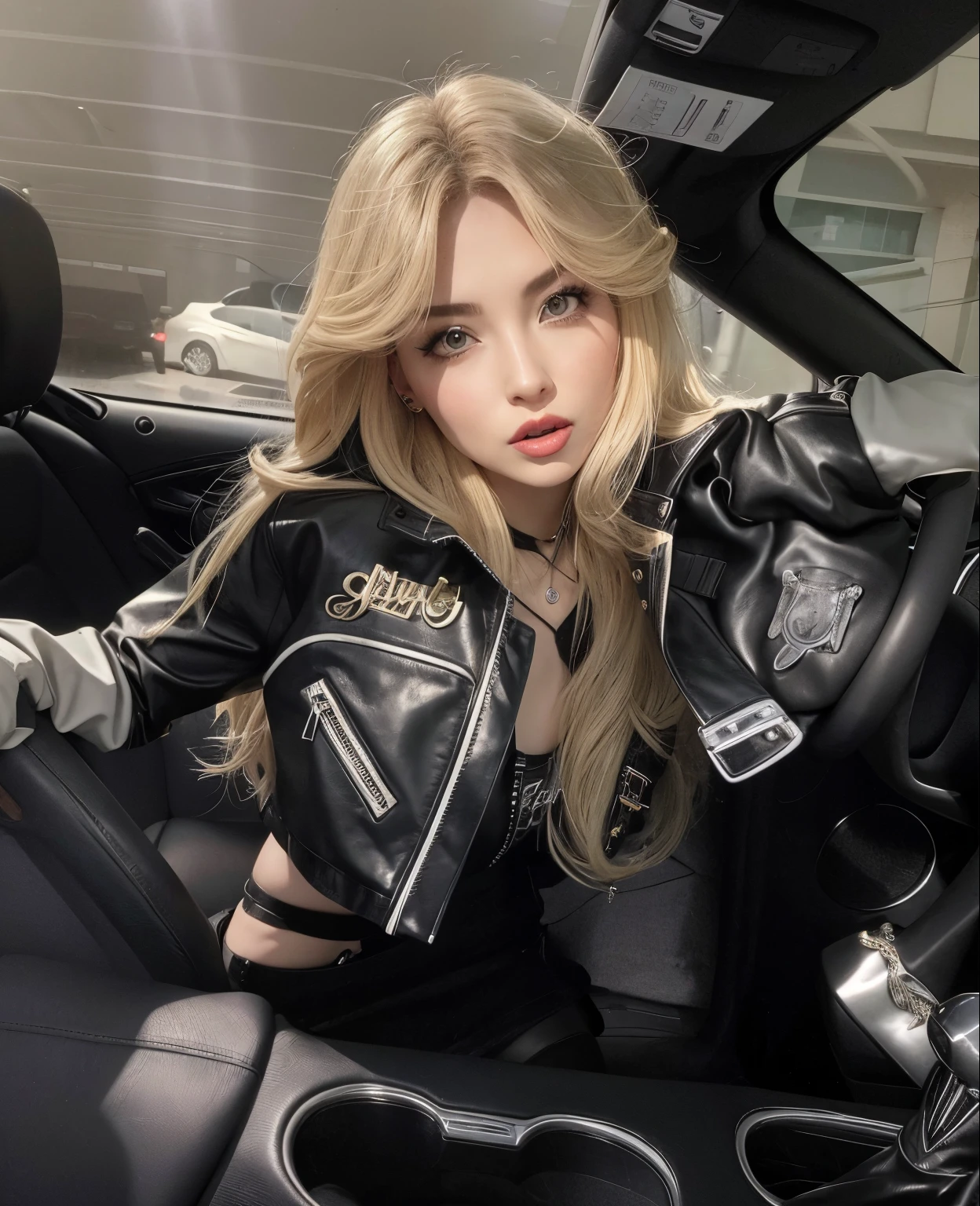blond woman in a black leather jacket sitting in a car, portrait of kim petras, sitting in her car, leather clothes, yelena belova, ava max, sakimichan frank franzzeta, julia gorokhova, style of julia razumova, she wears leather jacket, she wearing streetwear, wearing a full leather outfit