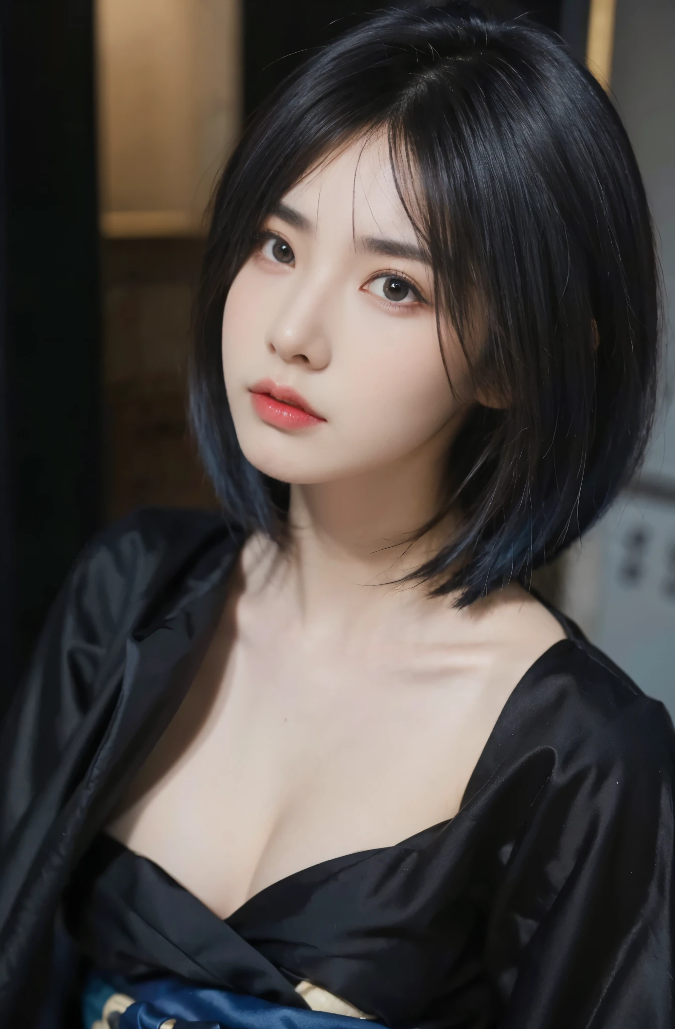 Mature Woman, Beautiful woman、(Sweat,vapor, Vulgarity), ((Colorful Hair))、Big cleavage、(Full Shot, Red Makeup、Pink glossy lipstick)、Long Shot, Beautiful depiction、Knowledgeable person、Detailed Background、High-quality human resources々々、High quality face、Ultra-high-definition animation、(Beautiful black hair:1.8)、clavicle, (((A maxi dress that shows off your ???? body line.))), Background blur、Detailed Background、(yukata、kimono、yukata,kimono, in Japanese、Night Room、indoor、Bedroom、Desaturated room:1.8)