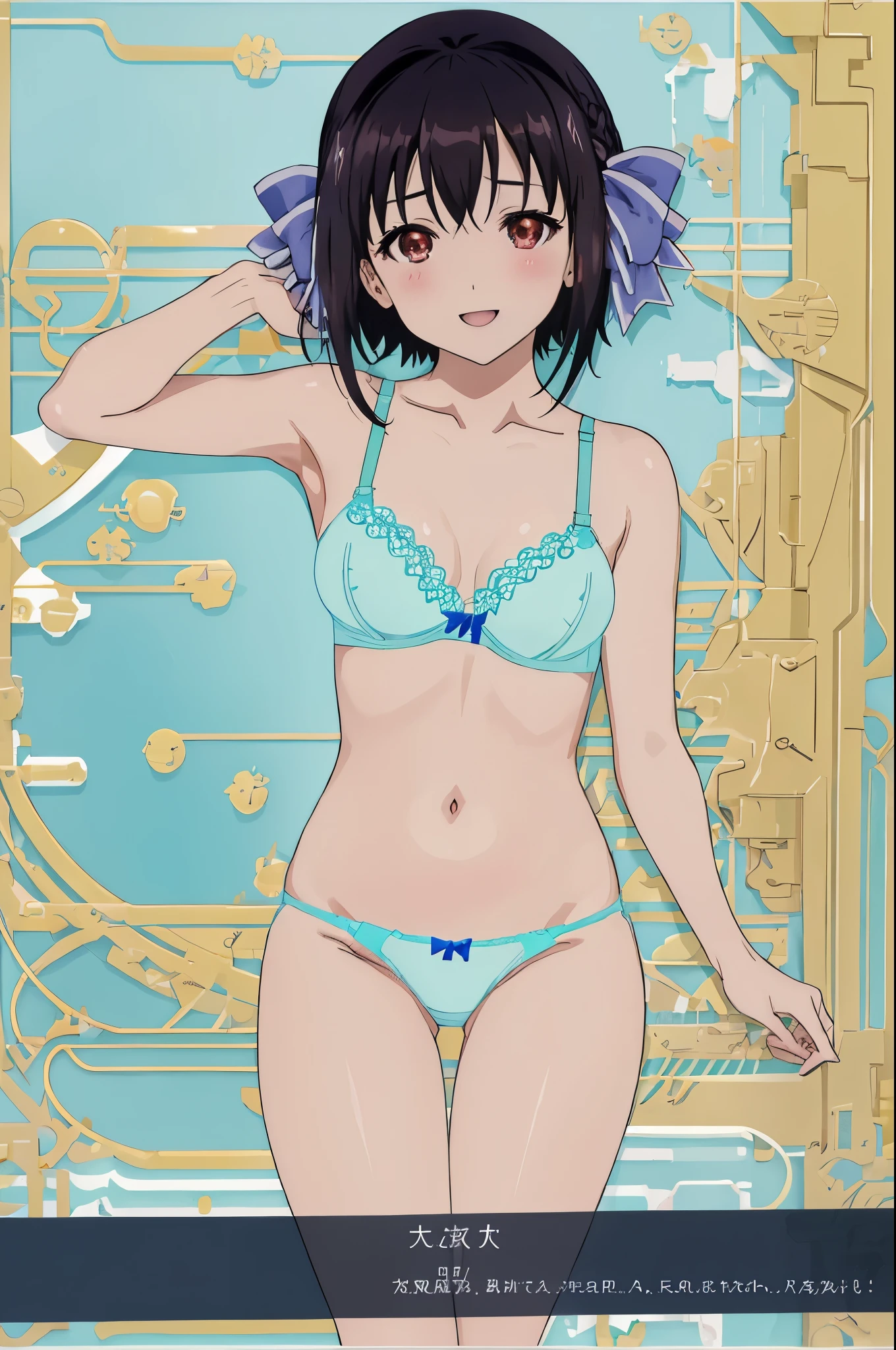 Tomomi_Xijing,hair ribbon,Short hair,bob cut,short torso,1girl, solo, breasts, looking_at_viewer, blush, smile, open_mouth, bangs, simple_background, white_background, navel, cleavage, bare_shoulders, underwear, collarbone, panties, cowboy_shot, lying, shiny, on_back, armpits, stomach, bra, arm_up, shiny_hair, groin, shiny_skin, underwear_only, lingerie, panty_pull, bow_panties, lace, breasts_apart, french_braid,open_bra, unfastened,anime screen cap,Flat color,cel shading,