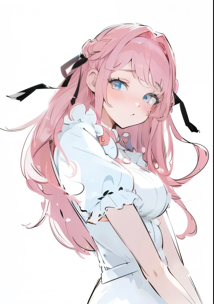 Anime woman, perfect, beautiful, huge breasts, pink curly hair, ringlet hair, blushing, huge chest, detailed eyes, soft lighting