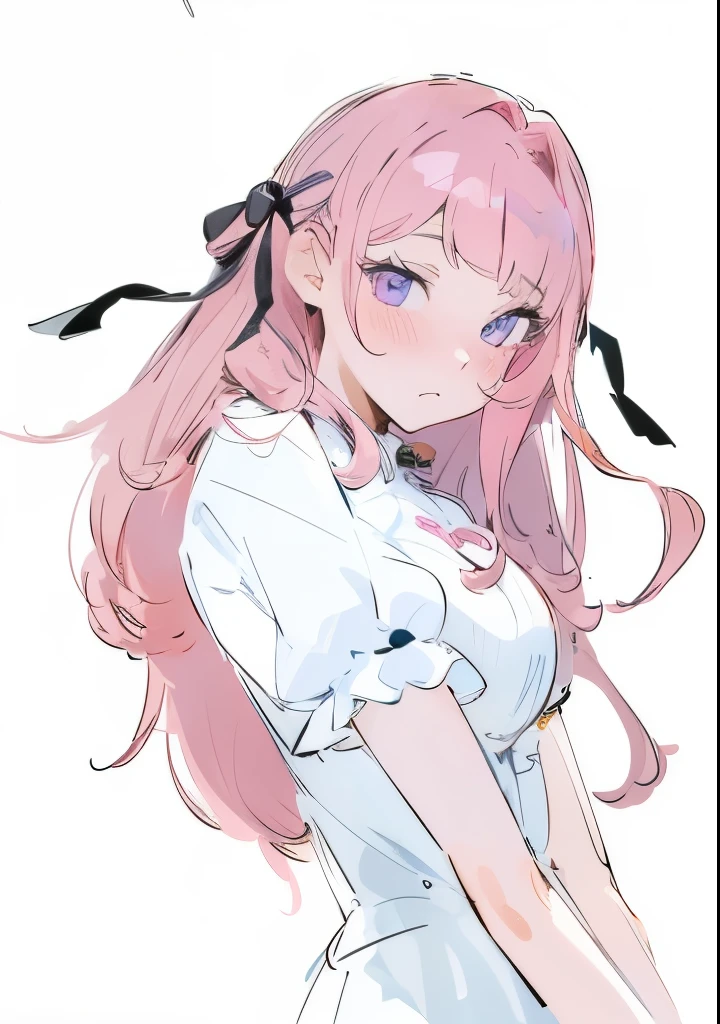 Anime woman, perfect, beautiful, huge breasts, pink curly hair, ringlet hair, blushing, huge chest, detailed eyes, soft lighting, purple eyes, completed drawing, bold lineart, painting, jelly style