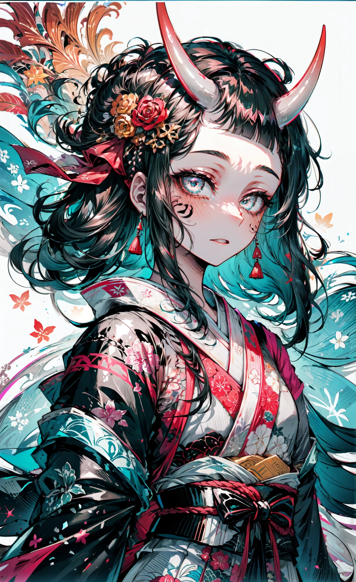 best quality,masterpiece,intricate details:1.2,beautiful face,ukiyoe,1girl,a girl in patterned kimono,look at viewer:1.3,face tattoo:1.2,small oni horn