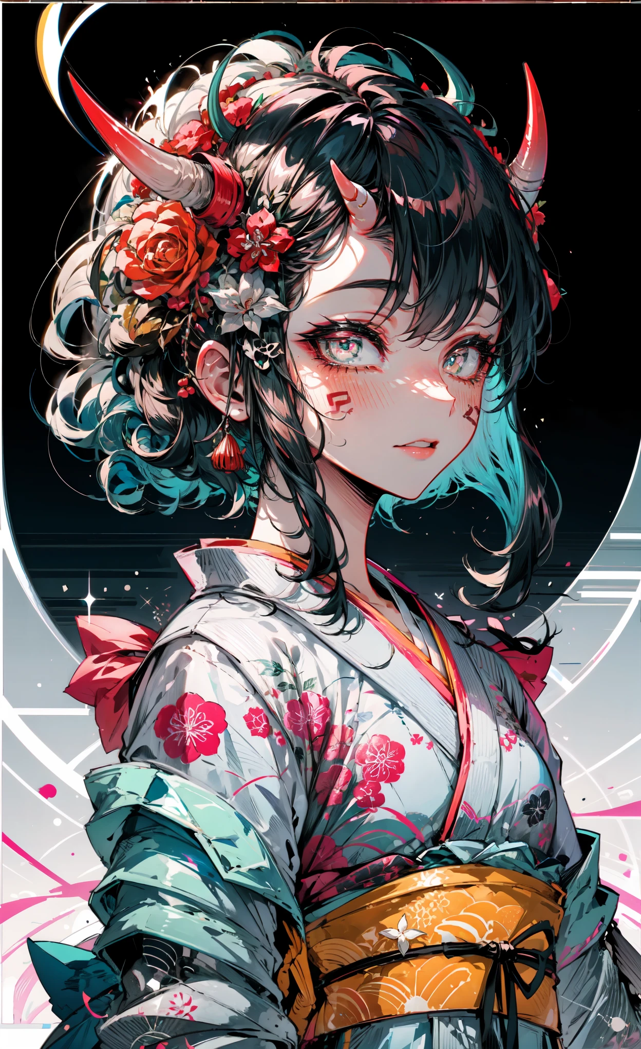 best quality,masterpiece,intricate details:1.2,beautiful face,ukiyoe,1girl,a girl in patterned kimono,look at viewer:1.3,face tattoo:1.2,small oni horn