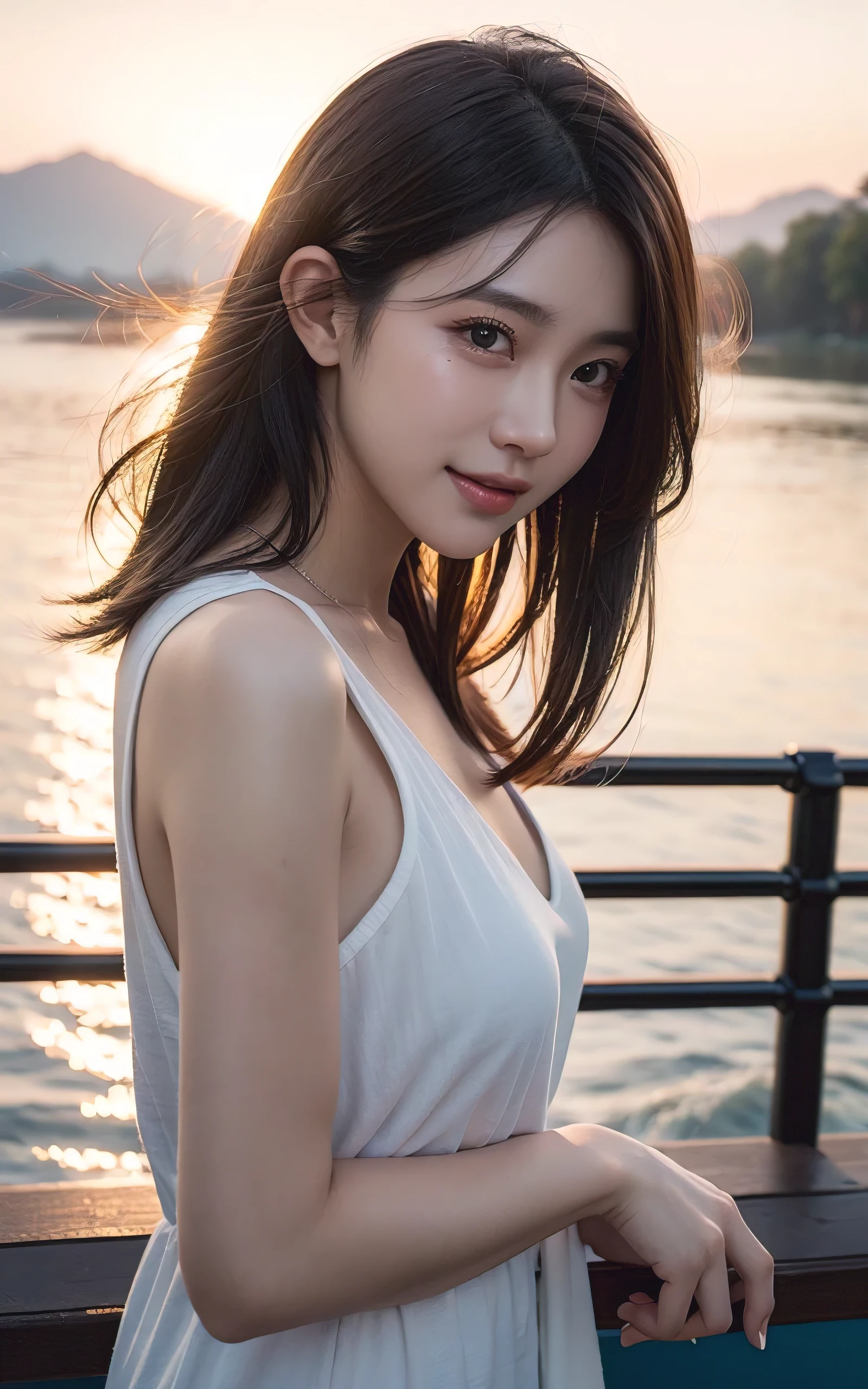 ulzzang-6500-v1.1, (RAW photos:1.2), (Photorealism), Beautiful and delicate girl, (real: 1.4), (Piece Fly), 1 girl, Photo model, Smile, Focus on your audience, Beautiful Lights, best quality, masterpiece, Ultra-high resolution, Practical, Black Hair, Short vest, shorts,Oval face, Perfect proportion、Perfect Anatomy、Perfect composition、Both eyes, Both eyes皮, Long eyebrows, Long eyelashes, A faint smile,  super Practical stockings, Medium breasts, White skin,( Sunset background:1.4), full-body shot:1.2,