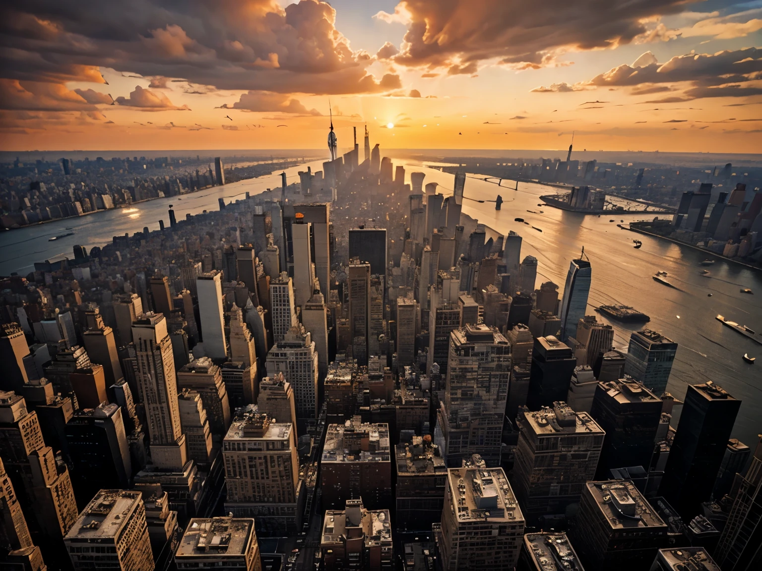 New York City, dust, bird view, high details, orange sky