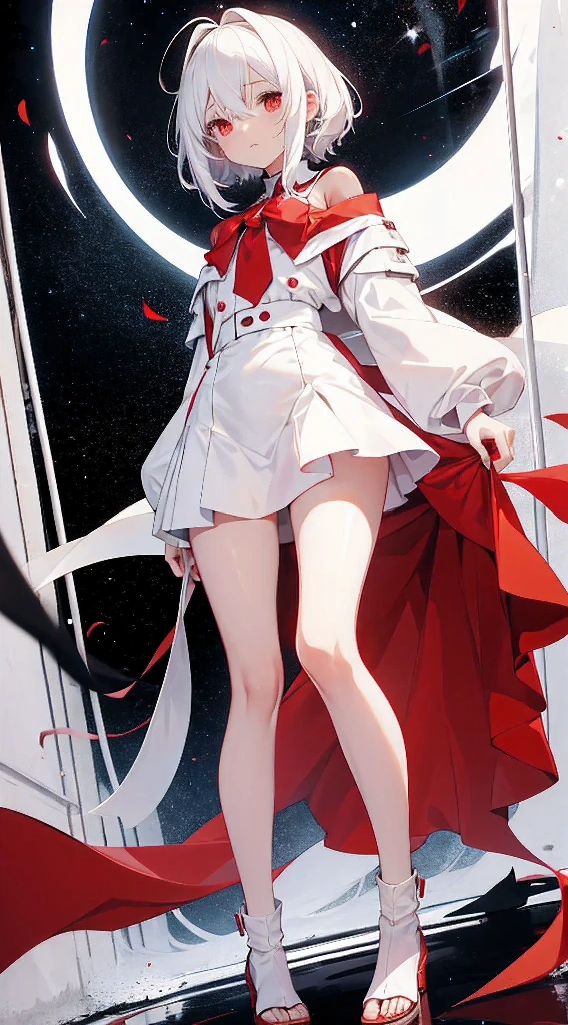 Anime shoujo，white hair，red eyearefoot, thin legs