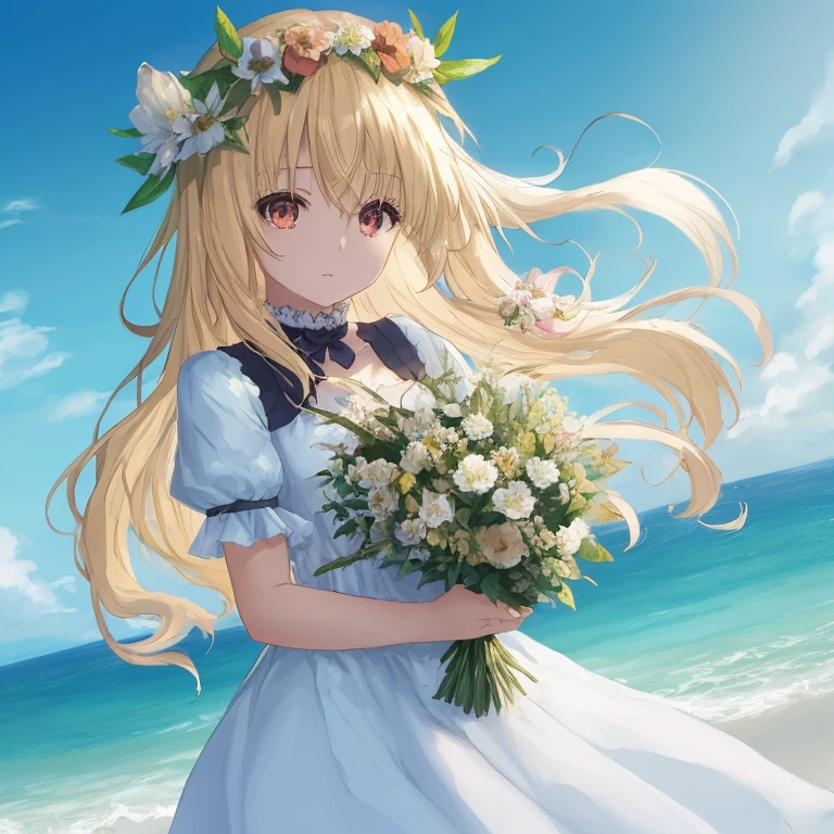 Anime girl with flowers in her hair is standing on the beach, change in dress, changesh, portrait of changeta, marisa kirisame, Gweiz, violet evergarden, Gweiz on pixiv artstation, Cute girl anime visual, Also, change, Beautiful Maydea Amane # ) )