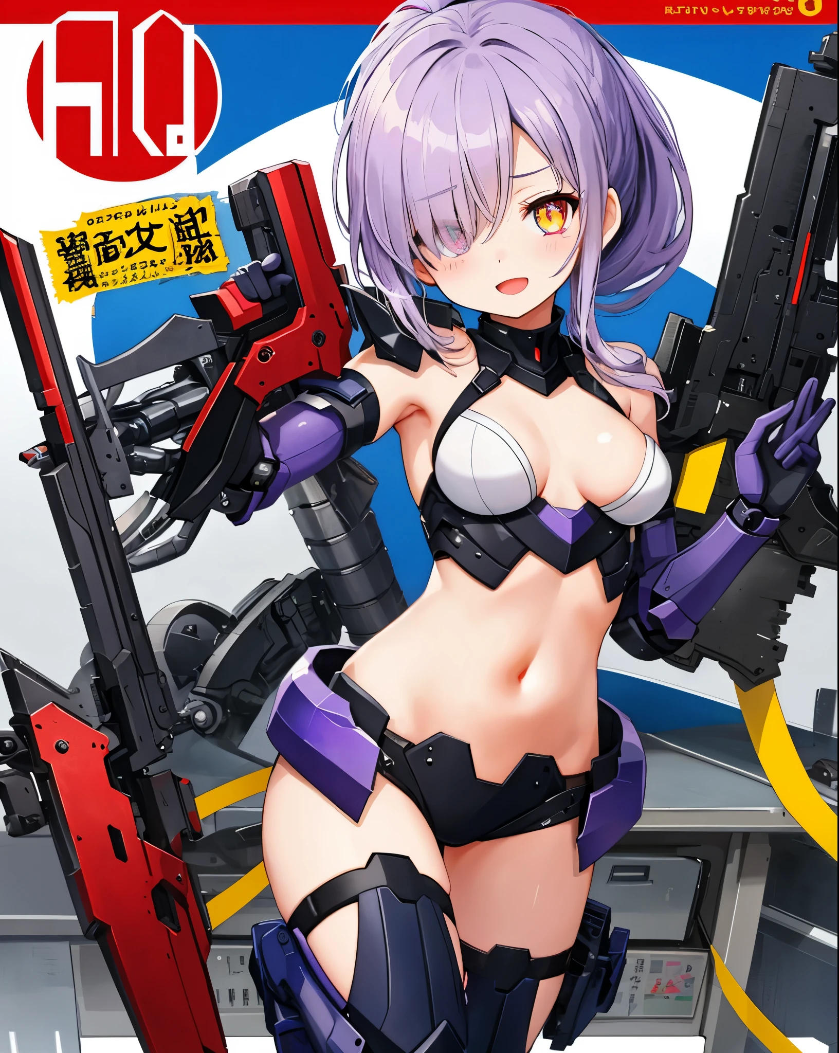 Japanese_anime_style,1figure_girl,(:1.5), (short_ponytail:1.3), (light_whitish_purple_hair:1.3),black_mechanical_armor_parts,white_breasts_parts_red_black_body_suit,bare_shoulder,bare_slender_thighs,medium_breasts,on_the_desk, desk_background,Stinging_eyes,(half_pupil:1.5),sleepy,thighhigh_greaves,gauntlets,dynamic_posing,bare_frank,metal_red_parts_armor,red_eye,
fists,hold_weapon,glare,navel,large_mechanical_parts,happy,waist_armor,open_mouth,rise_legs,apart_legs, (covered_navel:1.3),(very_long_bangs:1.3), (hair_over_one_eye:1.5),(long_bang_covers_right_half_of_face:1.5),
(covered_pussy:1.1),covered_breasts,armpits,
