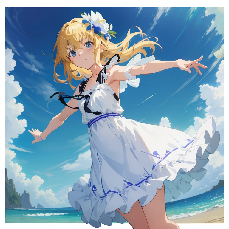 Anime girl in a white dress on the beach with blue sky and clouds, official artwork, Loli in a dress, Gweiz, violet evergarden, Also, makoto shinkai!!, makoto shinkai!, ( ( makoto shinkai ) ), Kyoto Animation style, cute girl anime visual, in the sea, official anime artwork, rorish