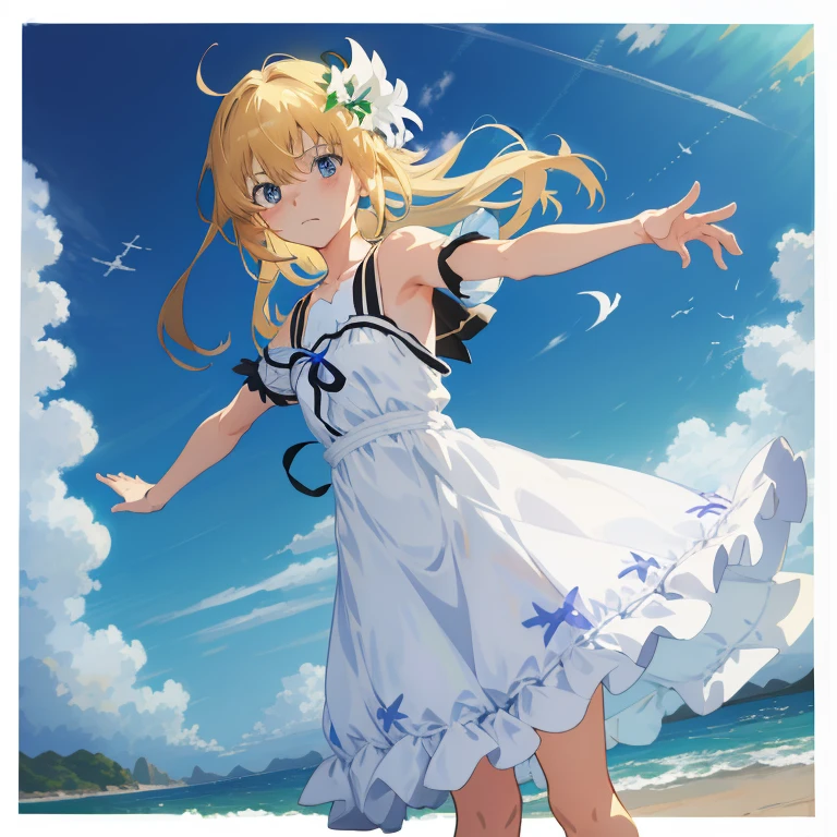 Anime girl in a white dress on the beach with blue sky and clouds, official artwork, Loli in a dress, Gweiz, violet evergarden, Also, makoto shinkai!!, makoto shinkai!, ( ( makoto shinkai ) ), Kyoto Animation style, cute girl anime visual, in the sea, official anime artwork, rorish