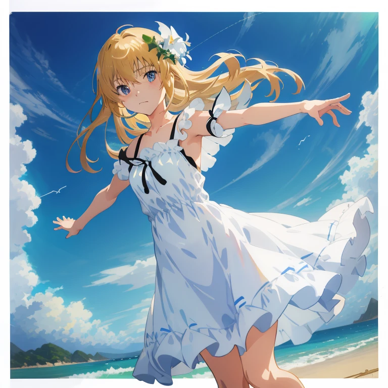Anime girl in a white dress on the beach with blue sky and clouds, official artwork, in a dress, Gweiz, violet evergarden, Also, makoto shinkai!!, makoto shinkai!, ( ( makoto shinkai ) ), Kyoto Animation style, cute girl anime visual, in the sea, official anime artwork, rorish