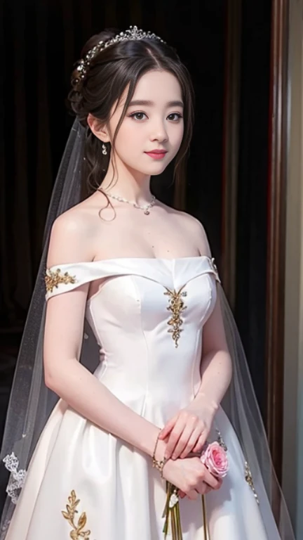 Young girl in wedding dress and updo, Off-shoulder neckline, and a long veil. her face  young and innocent, Looks like a . She looks at the camera with a playful expression. Detailed artwork with vivid illustrations, Realistic colors, Capture every detail. The medium of digital painting, Guaranteed best quality and high resolution (4K or 8K). soft and romantic lighting, creating a dream-like atmosphere. The overall color  warm and gentle................., Highlight the joy and beauty of your wedding scene.frontage、full body Esbian、A smile、delight