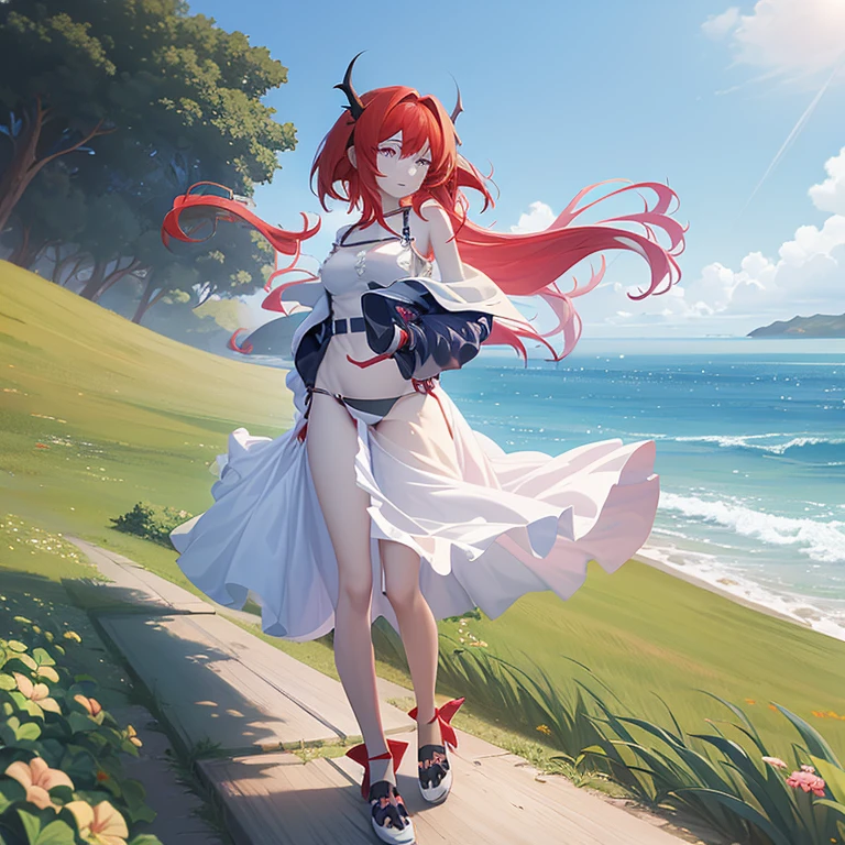 Anime girl with long red hair walking along the road by the sea, Also, Gweiz, beautiful anime, Gweiz on pixiv artstation, artwork in the style of Gweiz, beautiful anime artwork, Cute girl anime visual, anime art wallpaper 8k, Gweiz on artstation pixiv, [ 4K digital art ]!!