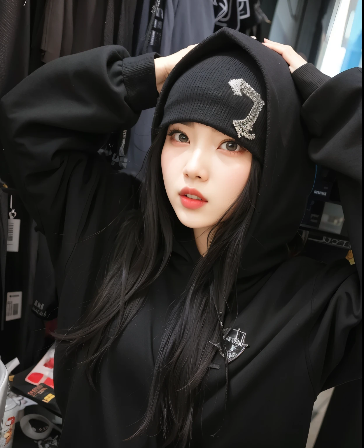 arafed woman in a black hoodie and a black hat, ulzzang, cruel korean goth girl, kanliu666, gongbi, killstar, girl wearing hoodie, she  wearing streetwear, , sun yunjoo, e-girl, e - girl, joy red velvet