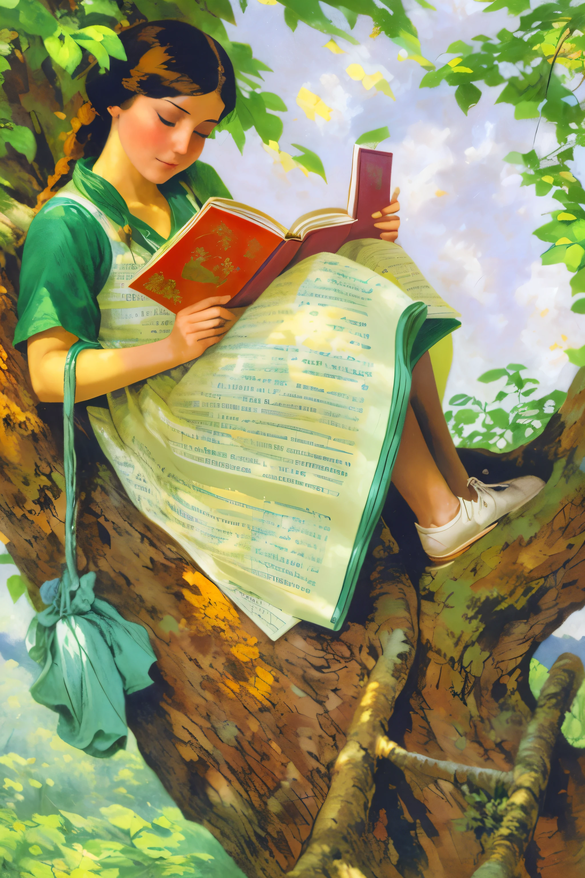 painting of a woman reading a book in a tree, reading under a tree, by Randolph Schwabe, by John Fabian Carlson, by Frank Leonard Brooks, inspired by Michael Malm, by ferdinand knab, inspired by Enrique Simonet, by Michael Malm, by Edgar Schofield Baum, inspired by Jessie Willcox Smith, by Jessie Willcox Smith