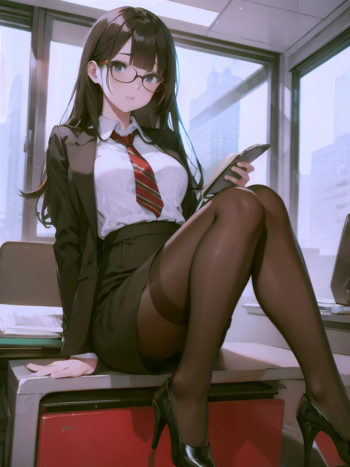 Office Lady、black hair、long hair、red square glasses、disordered clothing、business suit、Black Tight Mini、Pencil mini skirt、white shirt、black pantyhose、high heels