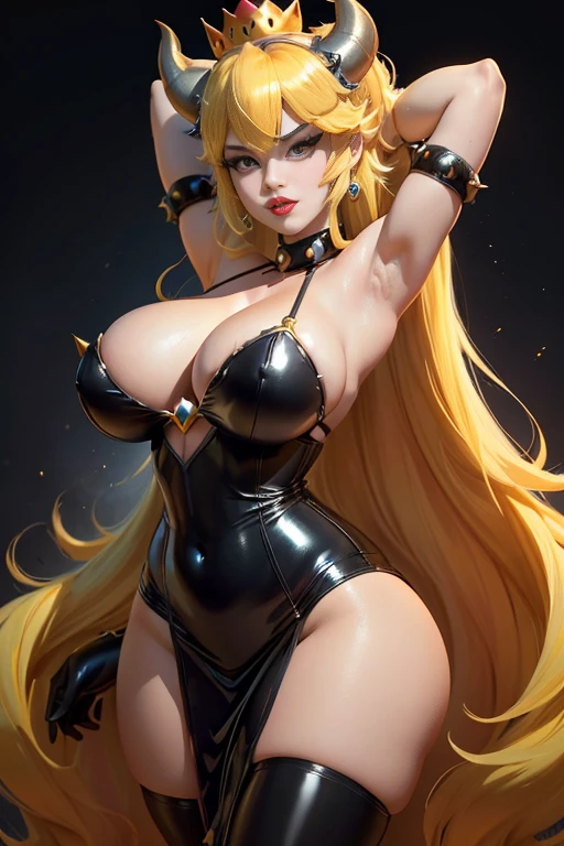 ((Princess bowsette from super mario bros series))(she has big glowing blue eyeright red lips) (((long blonde straight hair)))(dark eyeshadows make up)((huge breasts)) (perfect slim body) ((wear black latex strappless dress, gold crown, long black latex gloves)) ((posing sexy in bowser castle)) (masterpiece, high definition, volumetric lights and dinamic shadowasterpiece))(8k)(perfect face)(ultra details) (perfect hands, eyes, and face) (bats flying around)