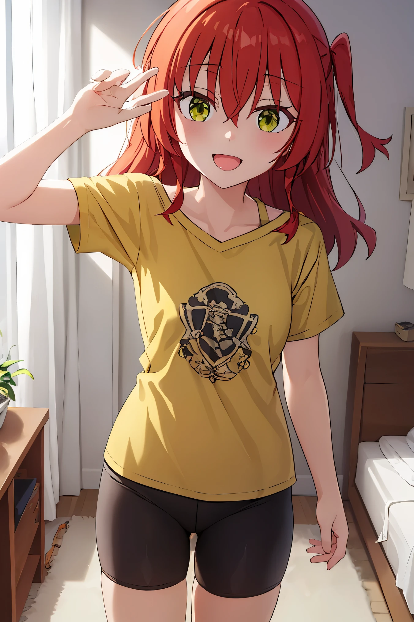 1 girl, best quality, ultra high res, long hair, red hair, green eyes, looking at viewers, small breast, standing, pov, slim body, loli body, small body, smile, open mouth, t-shirt, yellow shirt, short sleeves, bike shorts, bedroom, white bed sheets,