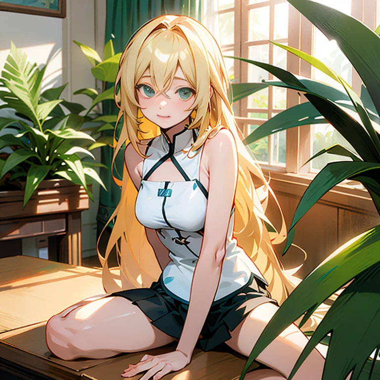 Anime girl sitting at a table with plants in the background, blonde long hair anime girl, beautiful anime girl, Ilya Kubshinov with long hair, long hair anime girl, cute anime girl, attractive anime girl, cute anime girl, Smooth anime CG art, seductive anime girl, Cute girl anime visual, anime best girl, young anime girl