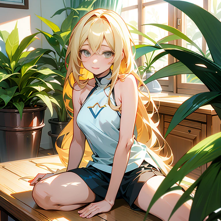 Anime girl sitting at a table with plants in the background, blonde long hair anime girl, beautiful anime girl, Ilya Kubshinov with long hair, long hair anime girl, cute anime girl, attractive anime girl, cute anime girl, Smooth anime CG art, seductive anime girl, Cute girl anime visual, anime best girl, young anime girl